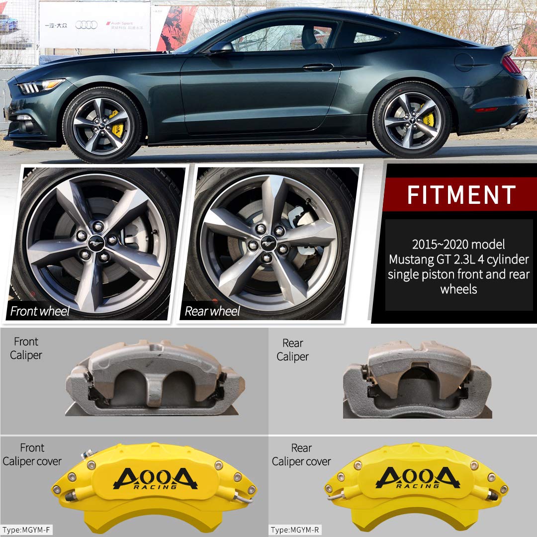 AOOA Yellow Brake Caliper Covers with Black Lettering - Set of 4 - Fits Ford Mustang Ecoboost Models - Perfect for Car Enthusiasts & Performance Upgrades
