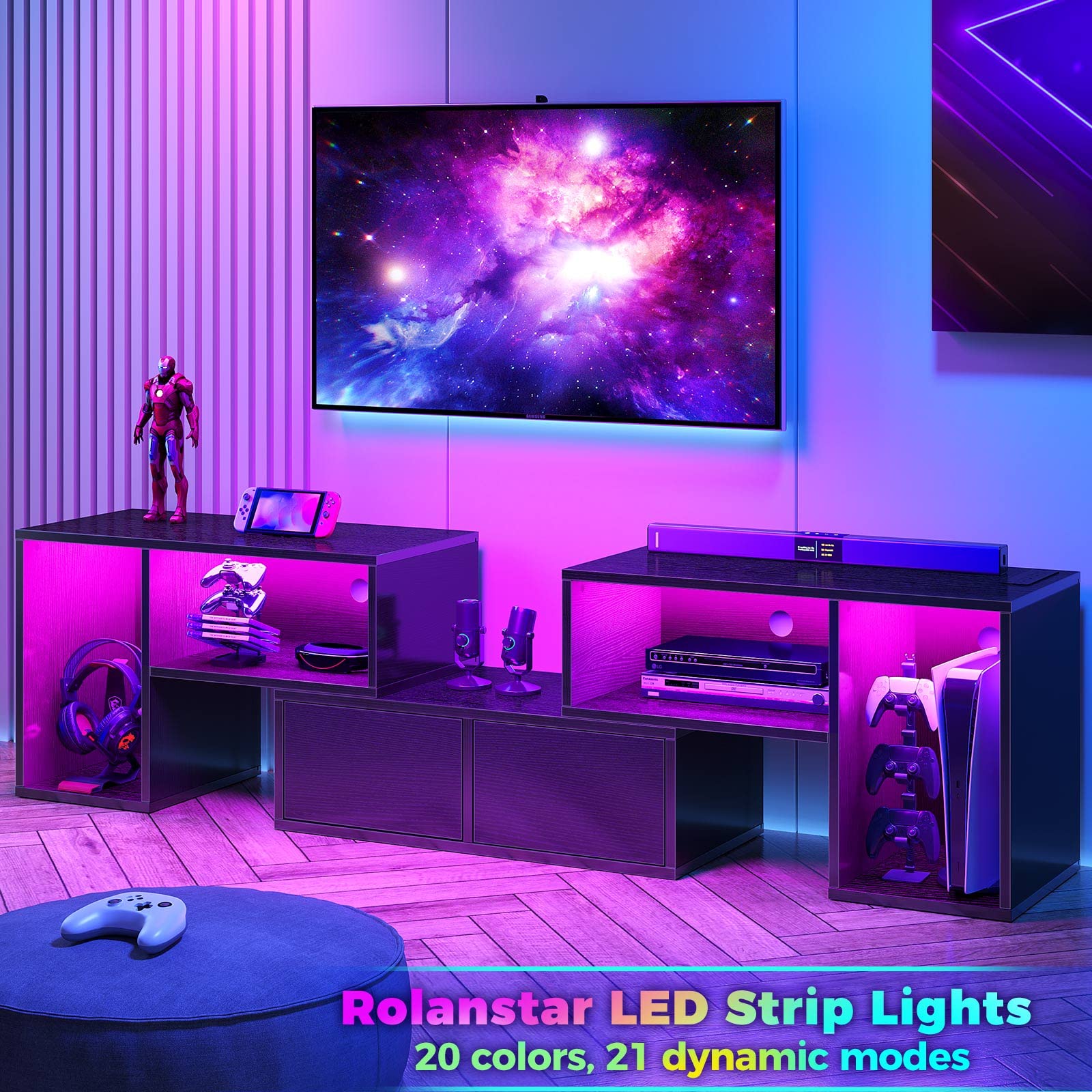 Rolanstar Modern TV Stand with Power Outlets & LED Lights - Adjustable Entertainment Center for 45-70 Inch TVs - 3-Piece Set with 2 Storage Cabinets & Open Shelves (Black) - Perfect for Living Room, Bedroom & Home Theater Setup