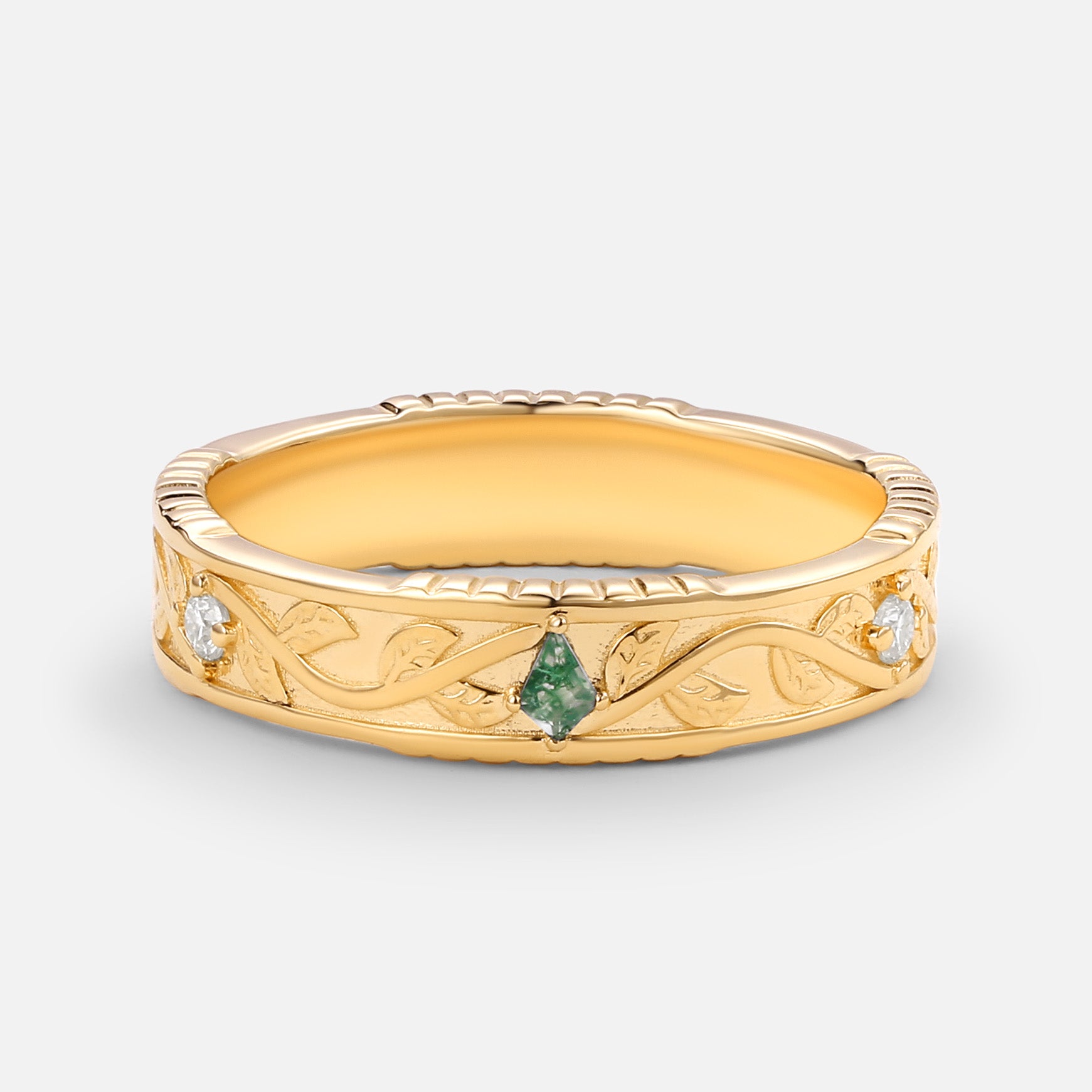 4.5mm Kite Moss Agate Leafy Men's Wedding Band Ring - Natural Stone Handmade Jewelry for Grooms, Anniversary & Unique Gifts - Perfect for Outdoor Weddings & Nature-Inspired Ceremonies