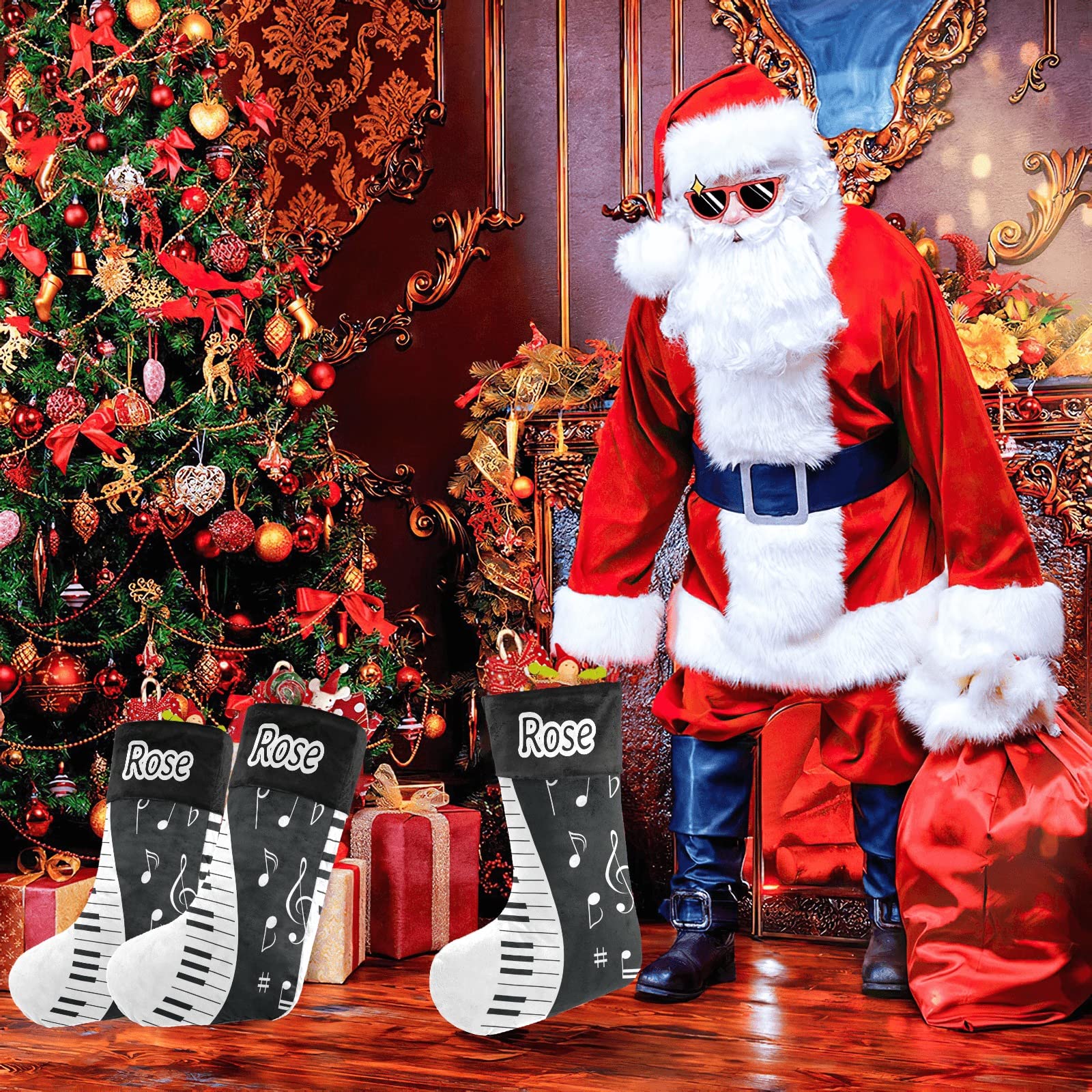 Personalized Christmas Stockings with Music Notes & Piano Design - Custom Name Text Holiday Decor (17.52 x 7.87 Inch) - Perfect Festive Gift for Musicians & Music Lovers