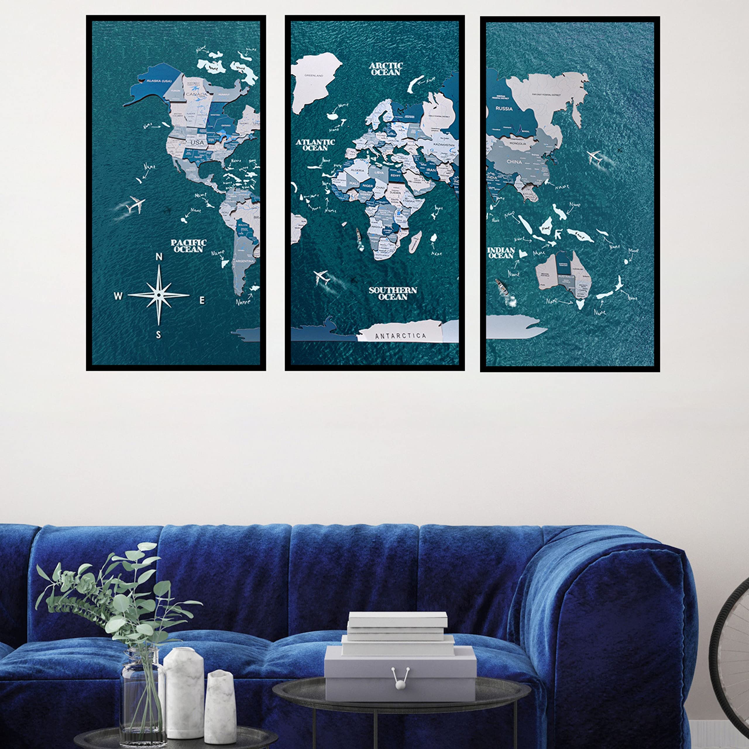 3D Wooden World Map Wall Art - Framed Travel Decor Triptych Panel Set for Home & Office - Rustic Housewarming Gift (Medium, Aqua) | Perfect for Living Room, Bedroom Decor & Travel Enthusiast Gifts