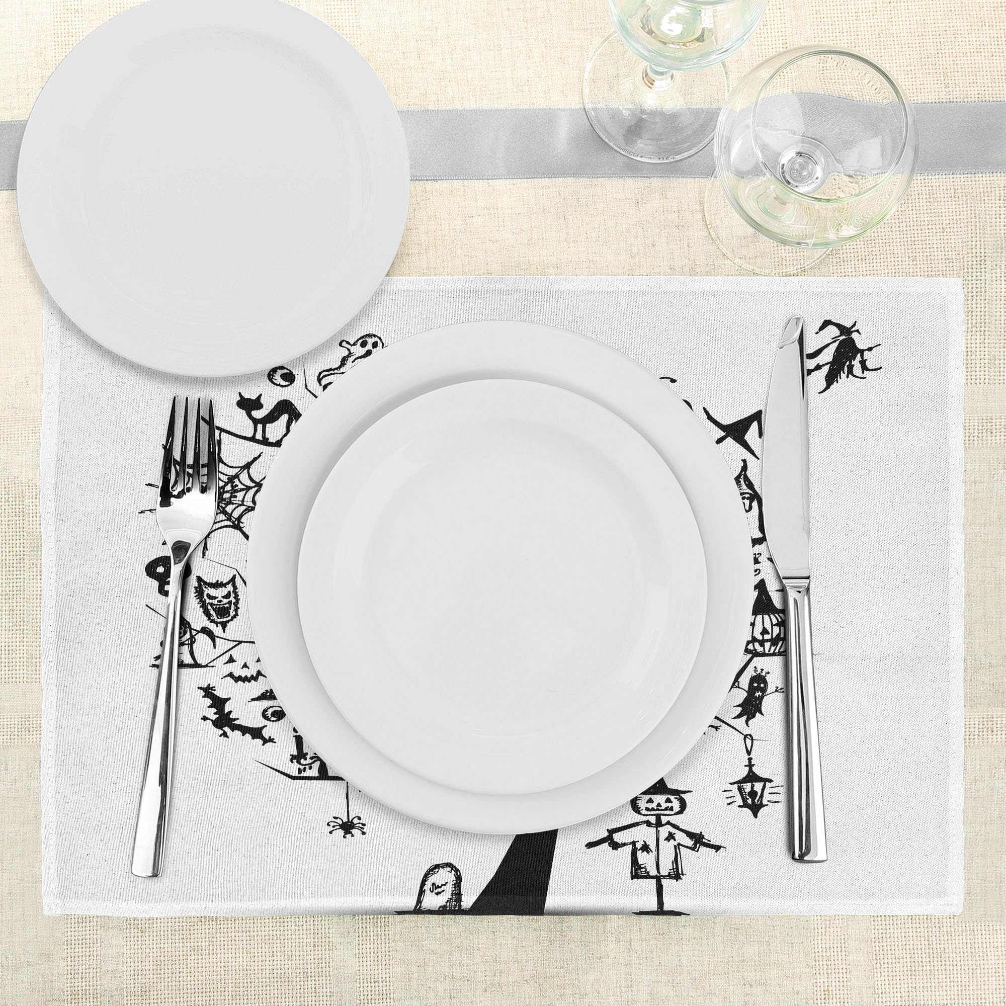 Ambesonne Halloween Place Mats Set of 4 - Spooky Tree & Witch Broom Design, Washable Fabric Table Mats for Dining Room & Kitchen Decor (Black & White) | Perfect for Halloween Parties, Fall Dinners & Themed Home Decor