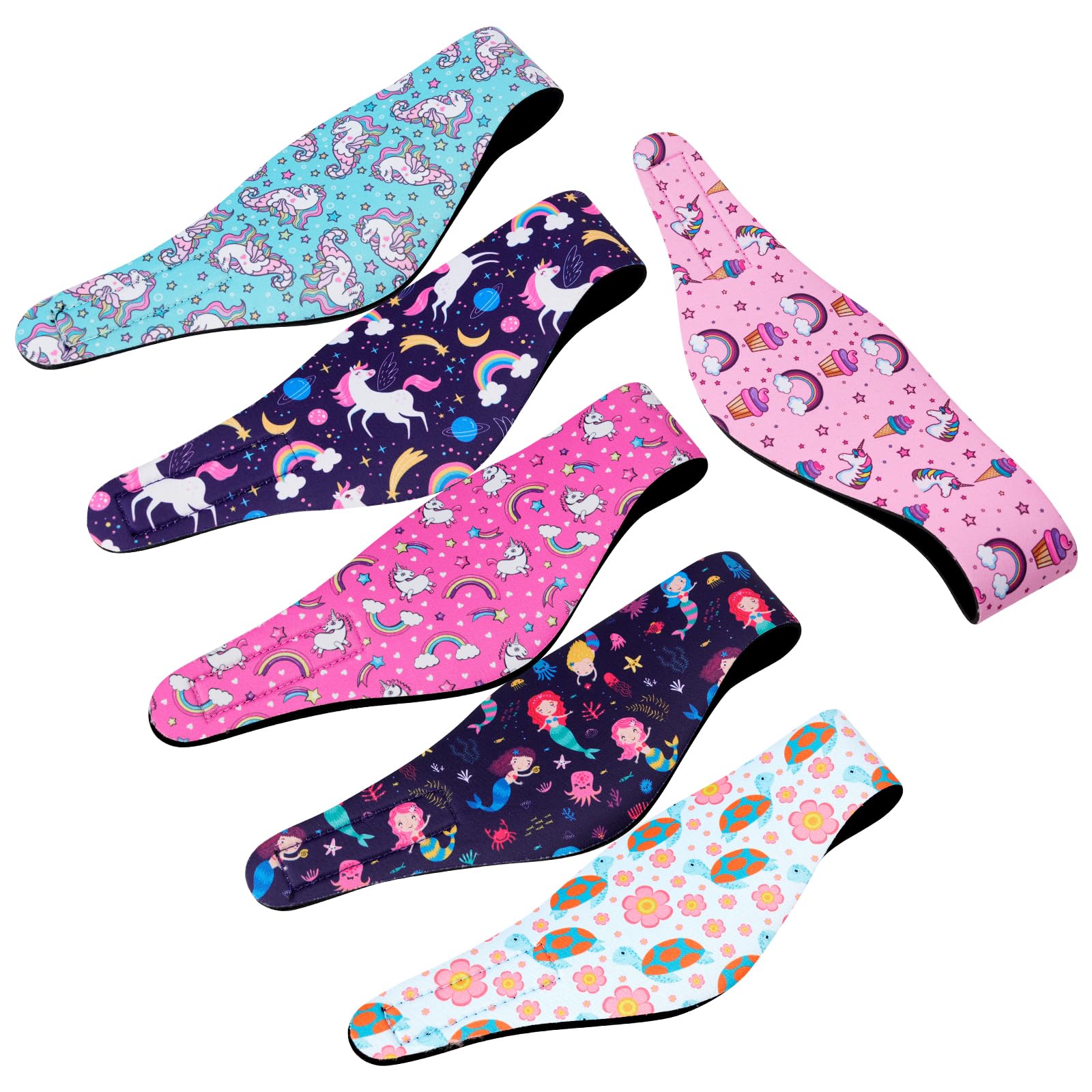 6 Pcs Kids Swimming Headbands - Adjustable Waterproof Ear Protection for Girls Age 1-5 (17.3-19.2 Inch Head Circumference) - Cute Cartoon Design for Pool, Beach & Swim Lessons