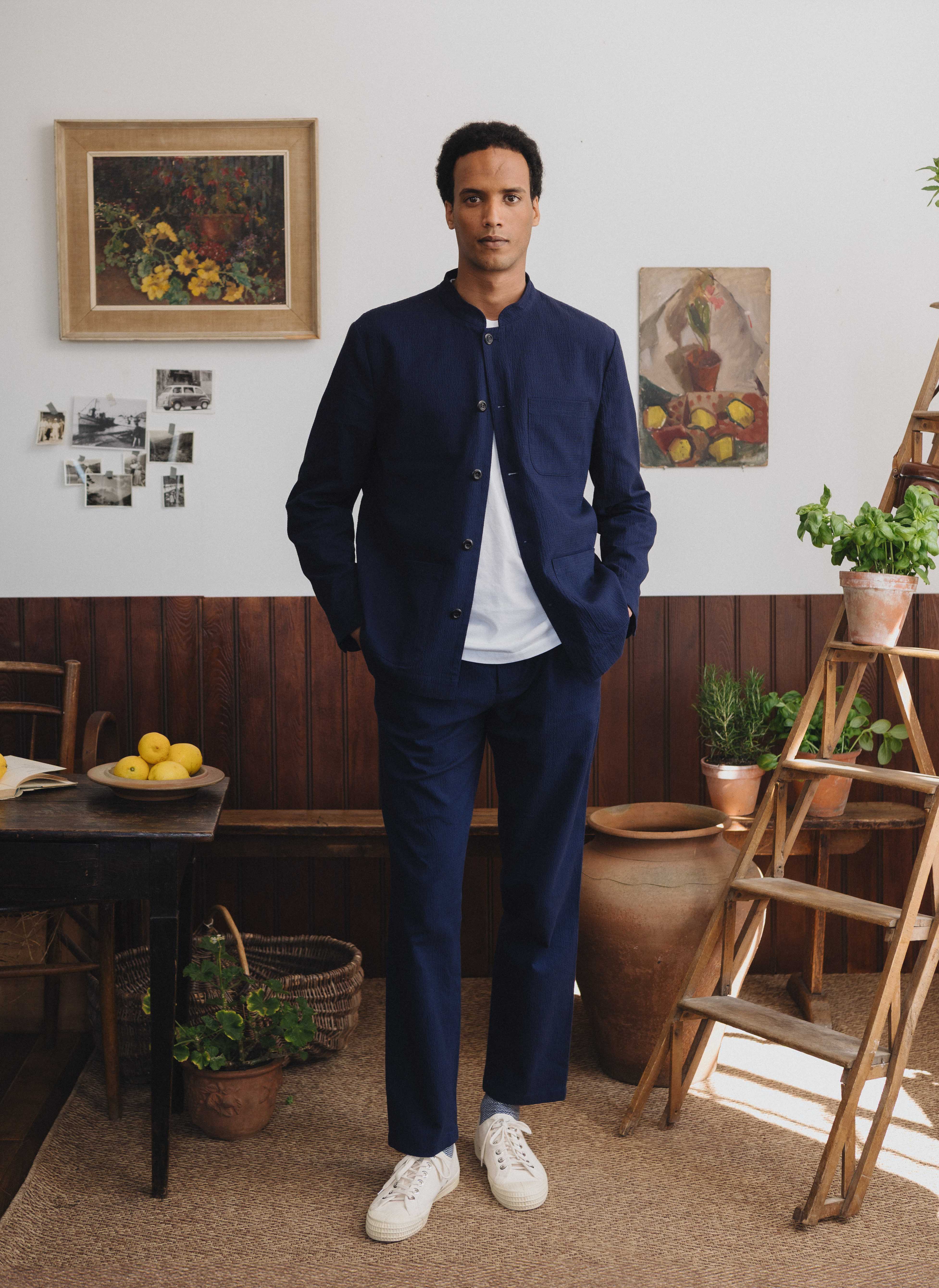 Stylish Navy Seersucker Nehru Jacket for Men | Lightweight Summer Blazer | Perfect for Weddings, Parties & Business Casual Outfits