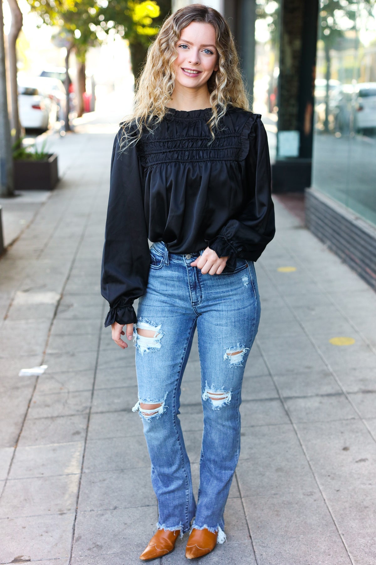 Black Satin Shirred Yoke Frilled Mock Neck Top for Women - Elegant Party & Evening Wear