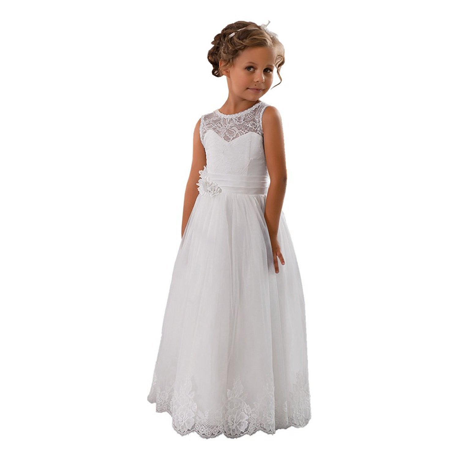 Lace Embellished A-Line Sleeveless Girls Wedding Party Dresses - Elegant Flower Girl Dress for Special Occasions, Birthday, Pageant & Formal Events