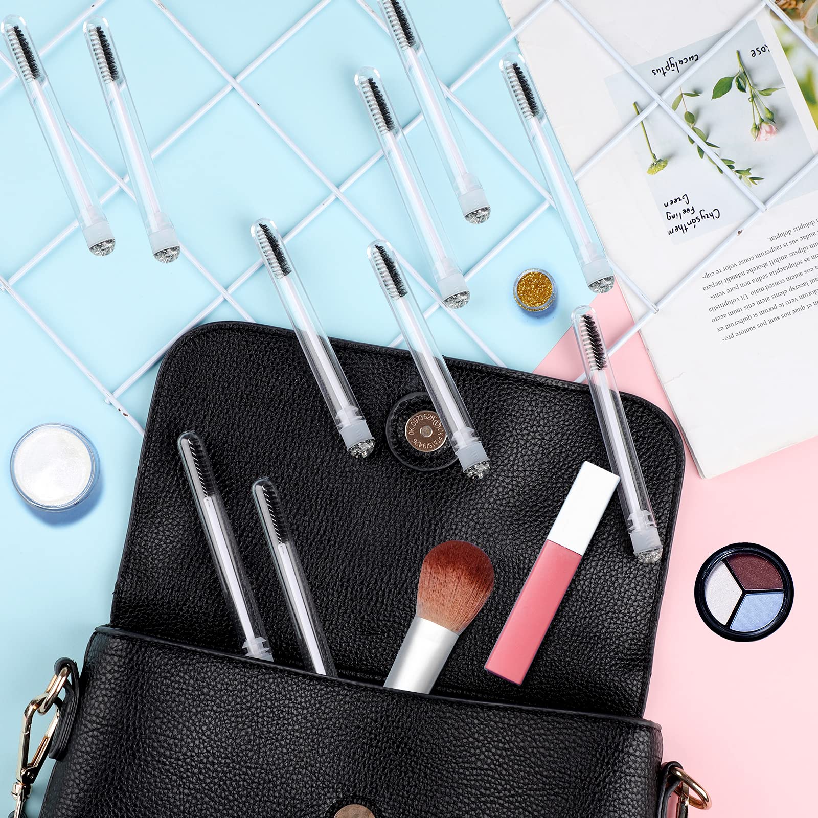 50pcs Eyelash Brushes - Professional Lash Wand Makeup Tools for Eyelash Extensions, Mascara Application & Cleaning | Diamond Mascara Foil Black Brushes for Salon, Home & Travel Use