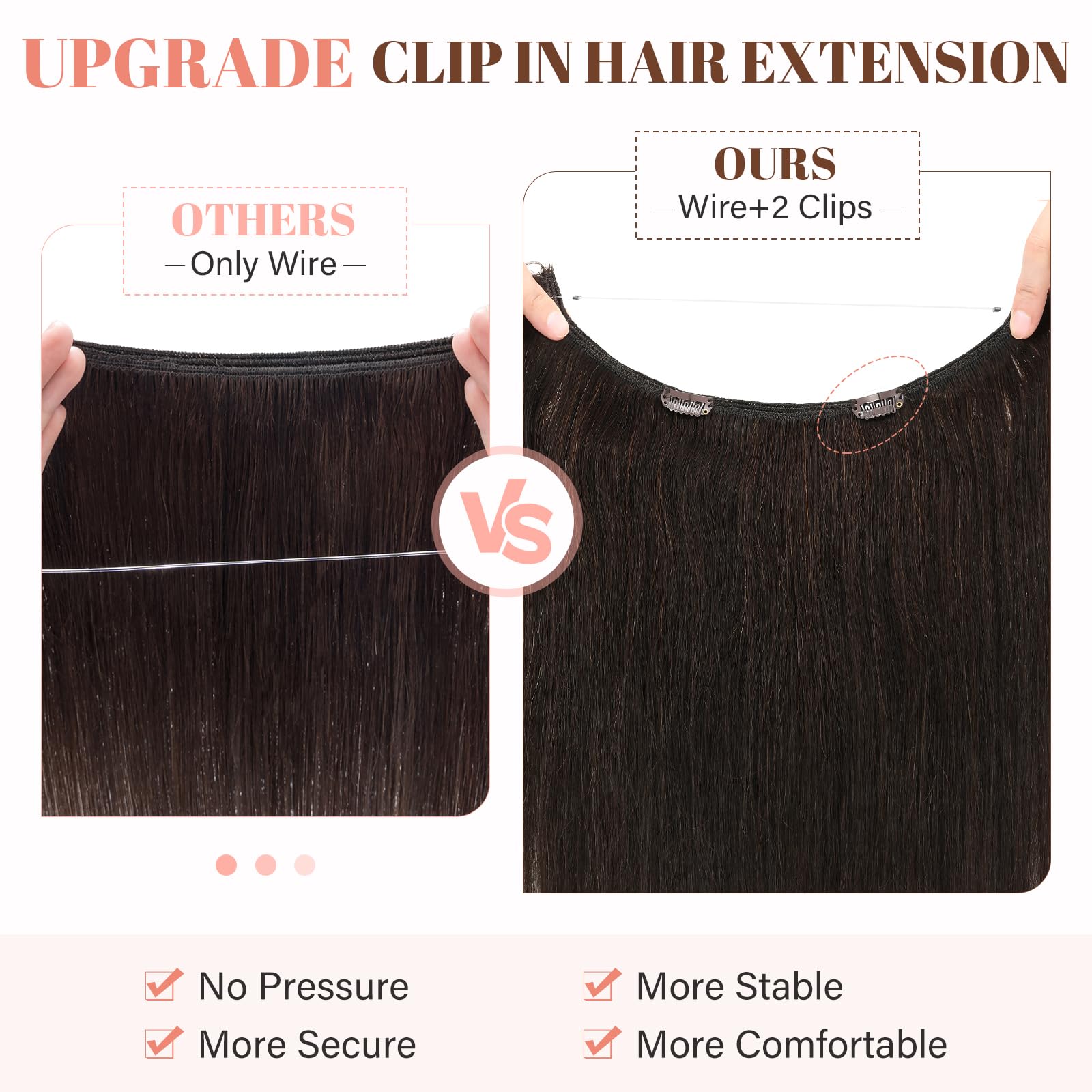 100% Human Hair Extensions - Invisible Wire In Hair Piece with Transparent Rubber Band & 2 Clips - Long Silky Straight Brown 22