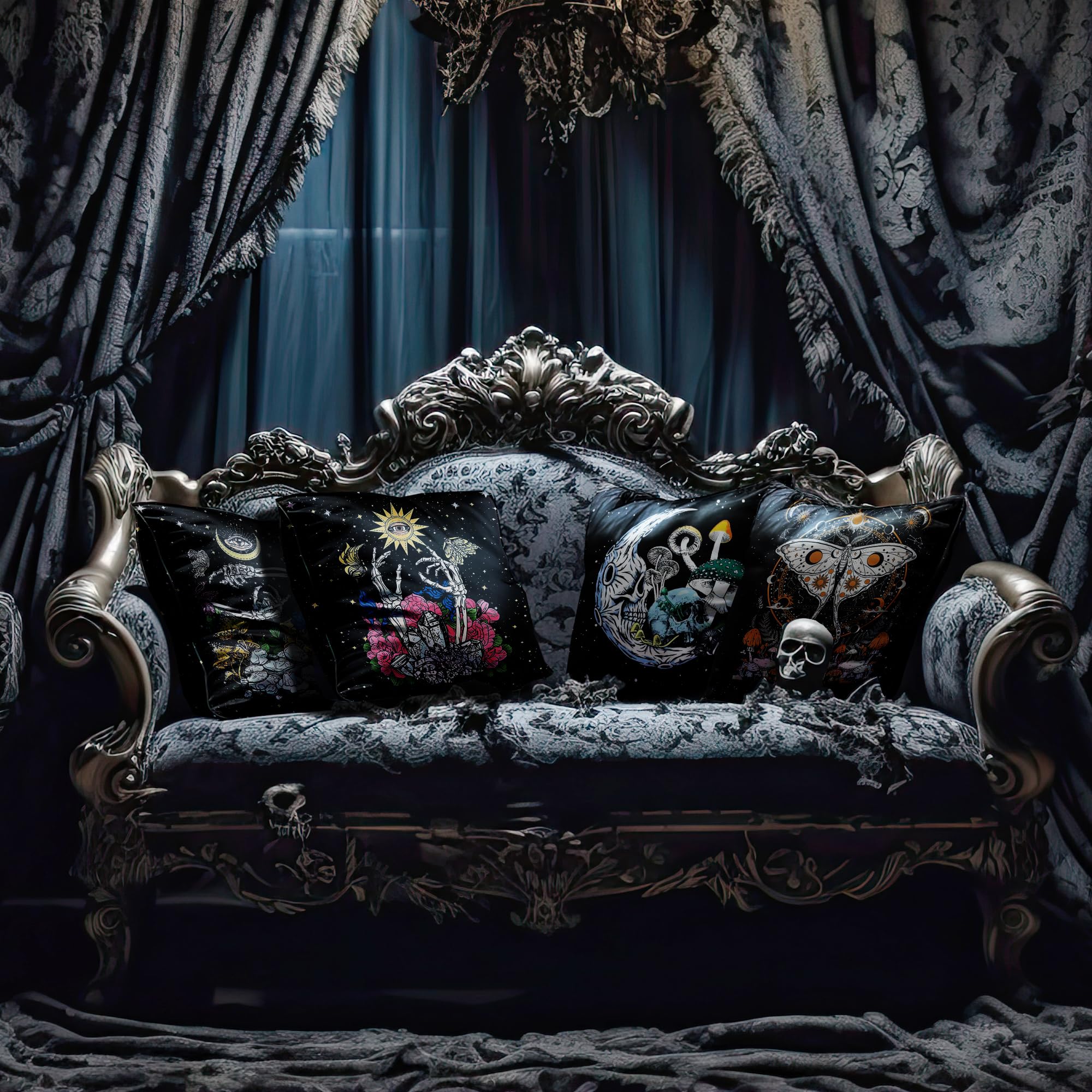 Knibeo Gothic Halloween Pillow Covers Set of 4 - 18x18 Inch Witchy Decor, Tarot Throw Pillows for Bedroom & Living Room - Perfect for Halloween Party, Gothic Home Decor, and Astrology Lover Gifts