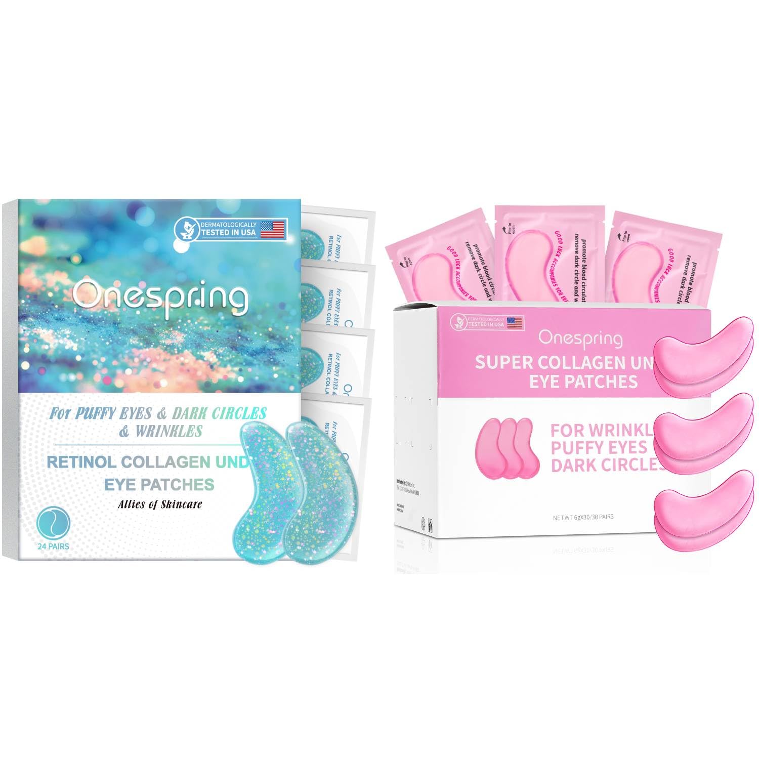Retinol Eye Gel Pads 24 Pairs & Rose Eye Mask 30 Pairs - Collagen Under Eye Patches for Puffy Eyes, Wrinkles, Dark Circles - Anti-Aging Treatment & Face Moisturizer - Perfect for Night Routine & Travel Skincare