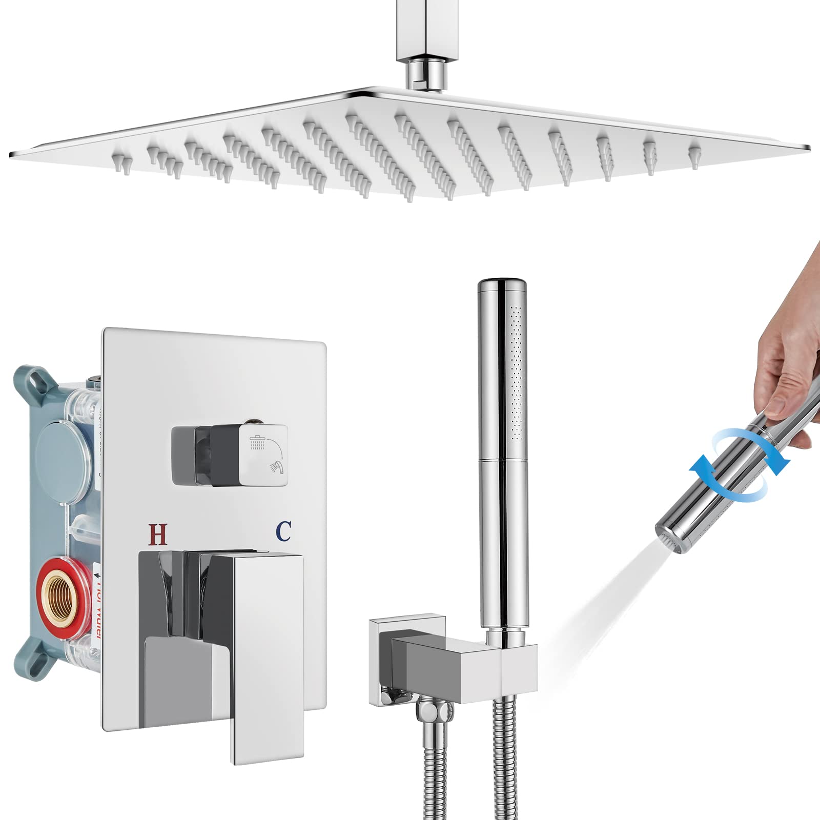 Gotonovo 12 Inch Chrome Polished Ceiling Mount Shower Faucet Set - Square Rainfall Showerhead & 2-in-1 Cylindrical Handheld Shower with Rough-in Valve | Luxury Bathroom Shower System for Modern Homes & Spa-Like Experience