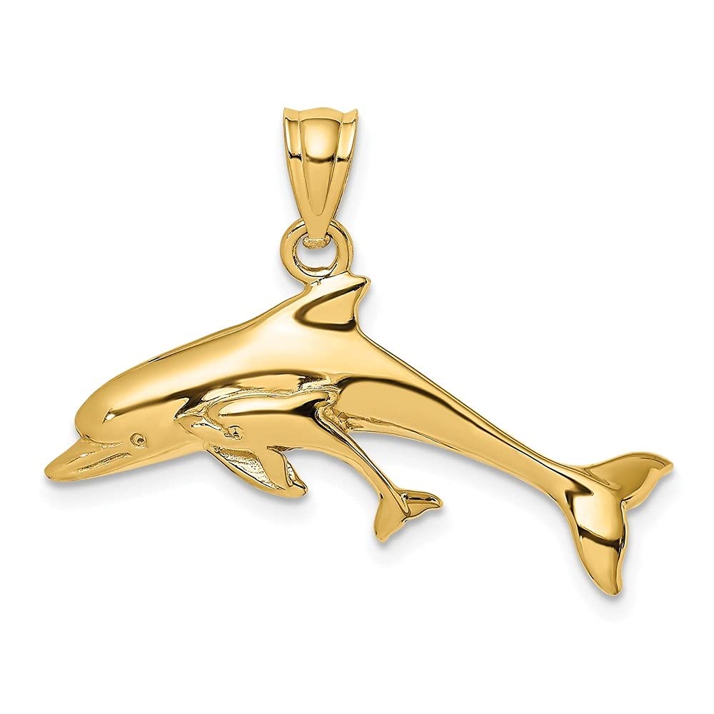 14K Yellow Gold Polished Dolphin Baby Charm Pendant for Women - 16.65mm x 30.85mm - Elegant Jewelry Gift for Mom, Daughter, Birthday, Anniversary - Perfect for Everyday Wear & Special Occasions
