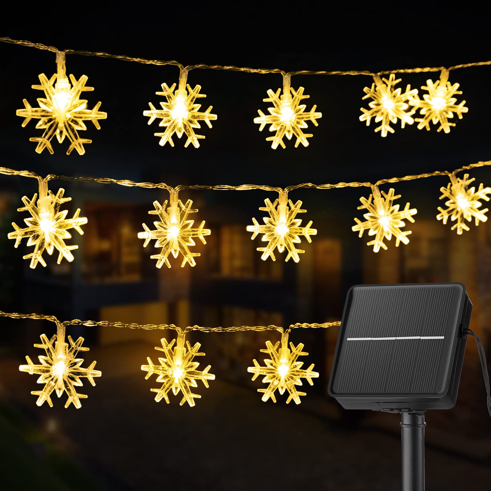 Brightown 100 LED Solar Christmas Snowflake String Lights - 39 FT Outdoor Waterproof Fairy Lights with 8 Lighting Modes - Perfect for Wedding, Party, Christmas Tree, Garden, Patio, Yard & Home Decor (Warm White) - Ideal for Holiday, Outdoor & Indoor Decorations