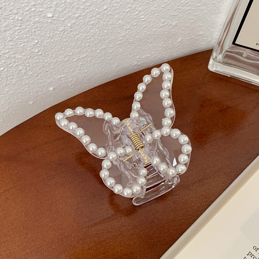 2PCS Acrylic Crystal Butterfly Hair Clips with Pearls - Strong Hold Hair Accessories for Women, Perfect for Weddings & Parties