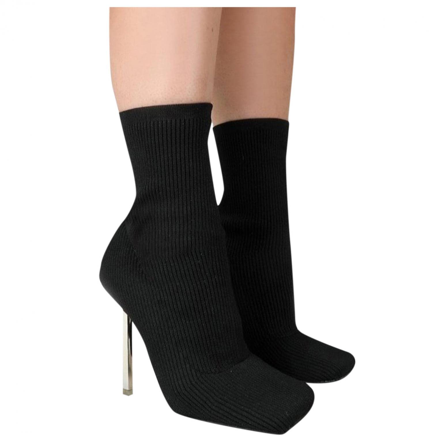Fukasse Women's Punk Stiletto High Heel Boots - Stretchy Knit Square Toe Slip On Sock Booties - Sexy Ankle & Mid Calf Dress Boots for Winter Fall - Perfect for Banquet, Party, Night Out & Office Wear - Size 10, Black