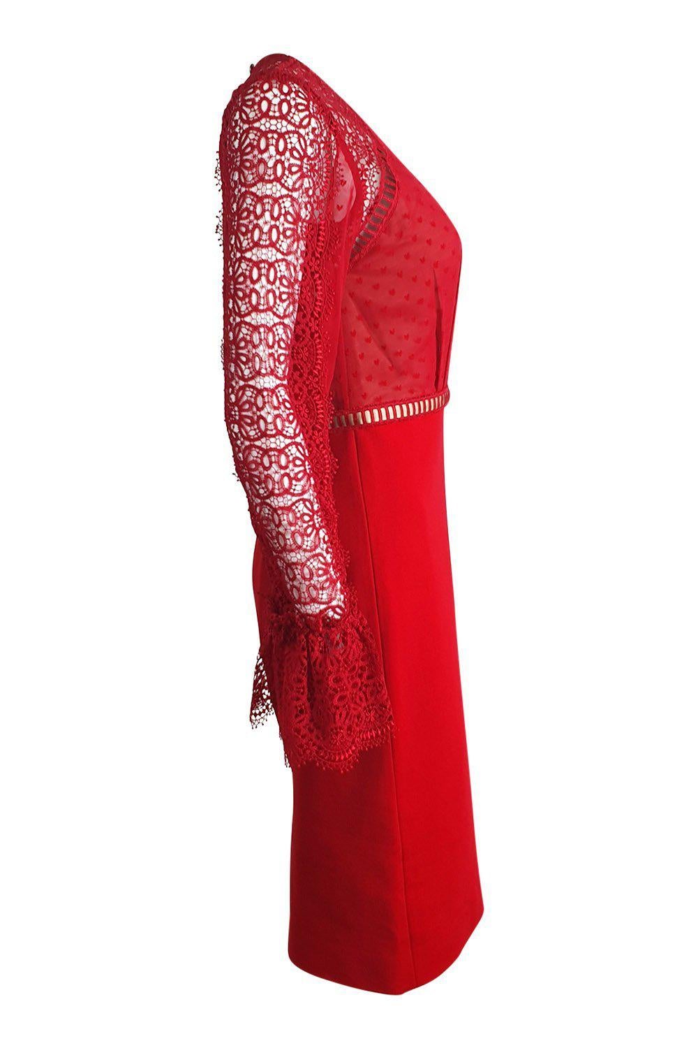 CATHERINE DEANE Nieve Macramé Lace Swiss Dot Chiffon Red Cocktail Dress | UK Size 8 | Perfect for Weddings, Parties & Special Occasions