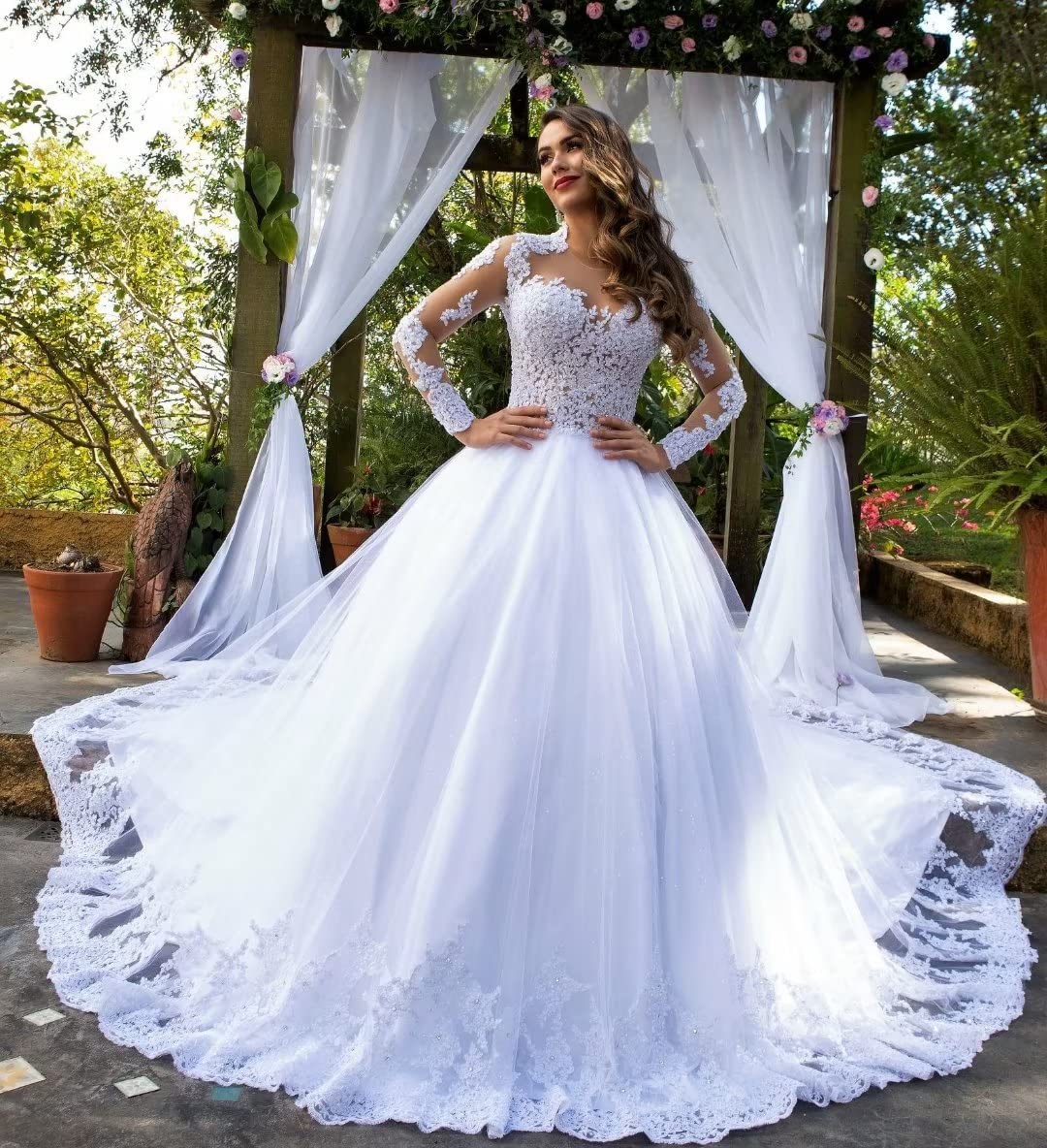 TORYEMY Elegant White Lace Wedding Dress for Women - Long Sleeve Puffy Tulle Bridal Gown with Train | Perfect for Church Ceremony, Beach Wedding, and Formal Reception