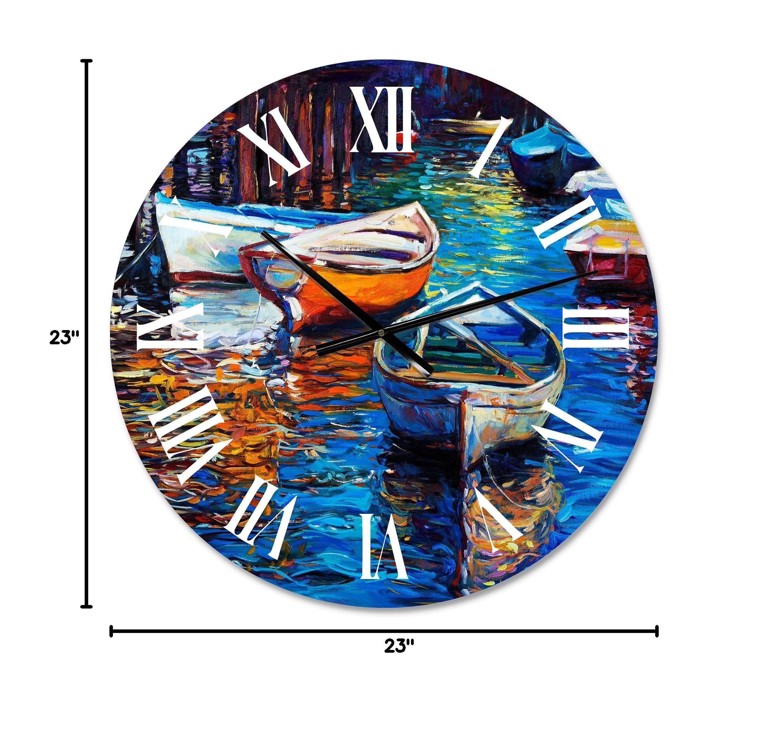 DesignQ Nautical Coastal Wall Clock - Round Blue Boat Sunset Decor for Living Room, Bedroom, Office | Silent Non-Ticking Rustic Home Decor