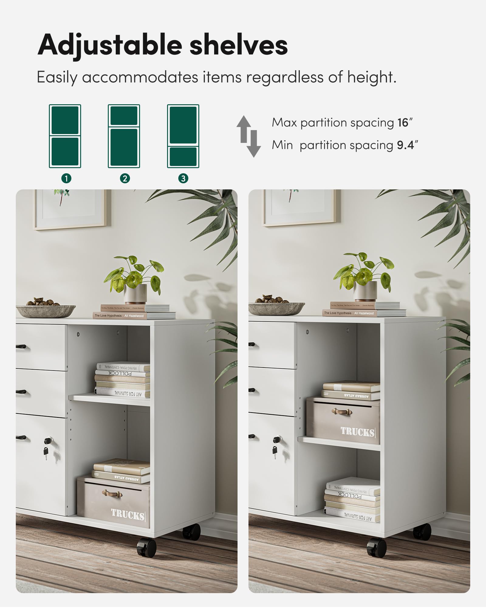 FEZIBO Home Office File Cabinet with Locking Drawers & Open Storage Shelves - Mobile Lateral Filing Cabinet & Printer Stand - White - Perfect for Organizing Documents & Office Supplies in Small Spaces