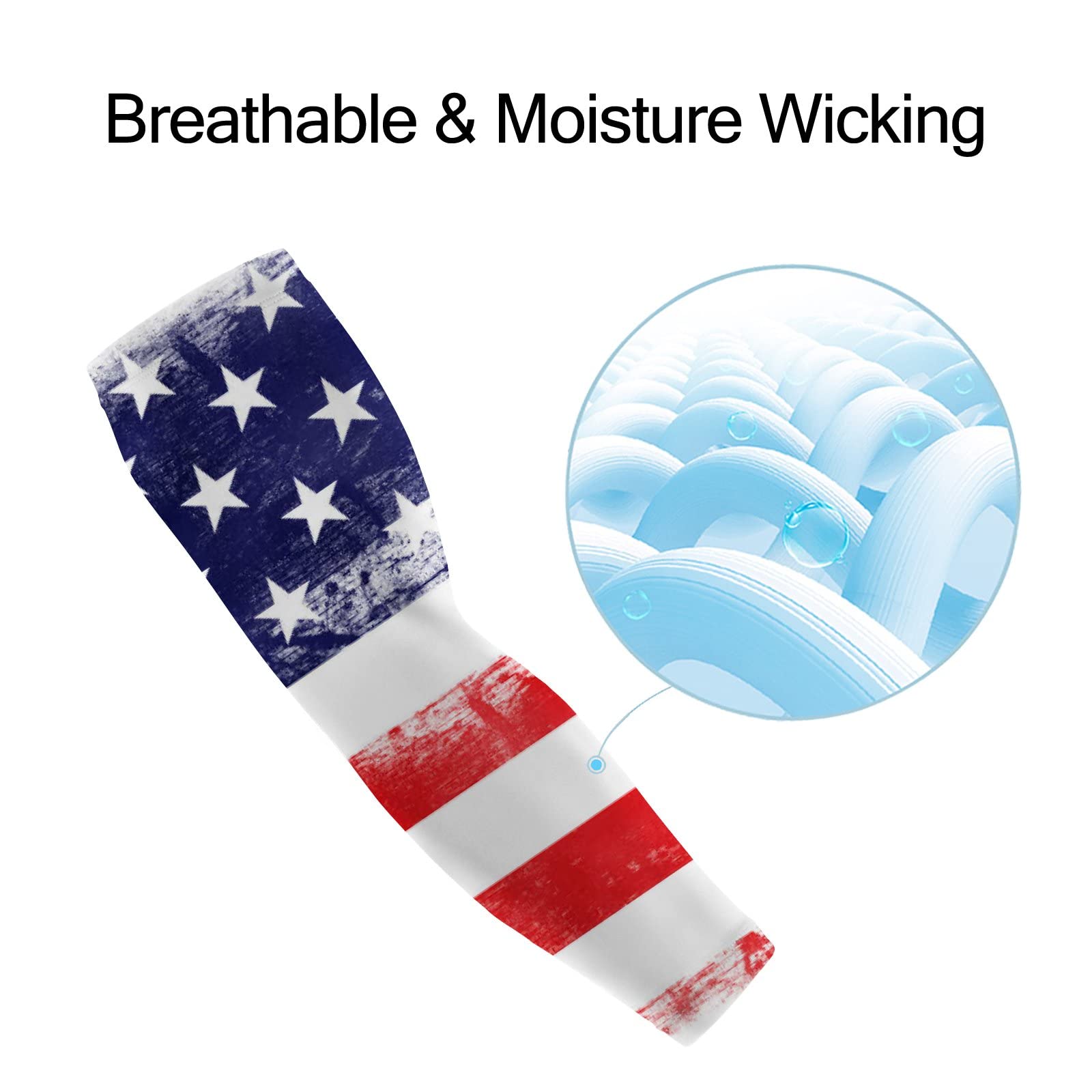 Vantaso Cooling Arm Sleeves - Unisex UV Sun Protection Sports Arm Covers with American Flag Design, Breathable Ice Silk Fabric (Sizes S-XXL) for Running, Cycling, Hiking & Outdoor Activities