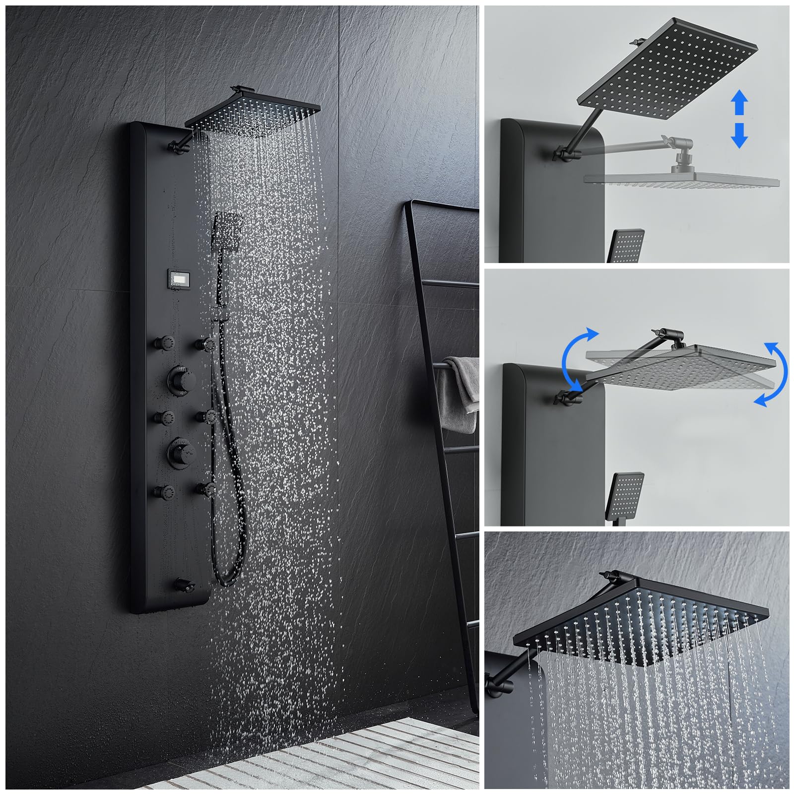 Stainless Steel Shower Panel Tower System with Adjustable Rainfall Shower Head - 4-in-1 Bathroom Fixture with 6 Body Jets, Handheld Shower & Tub Spout - Brushed Nickel Finish for Modern Bathroom & Spa Experience