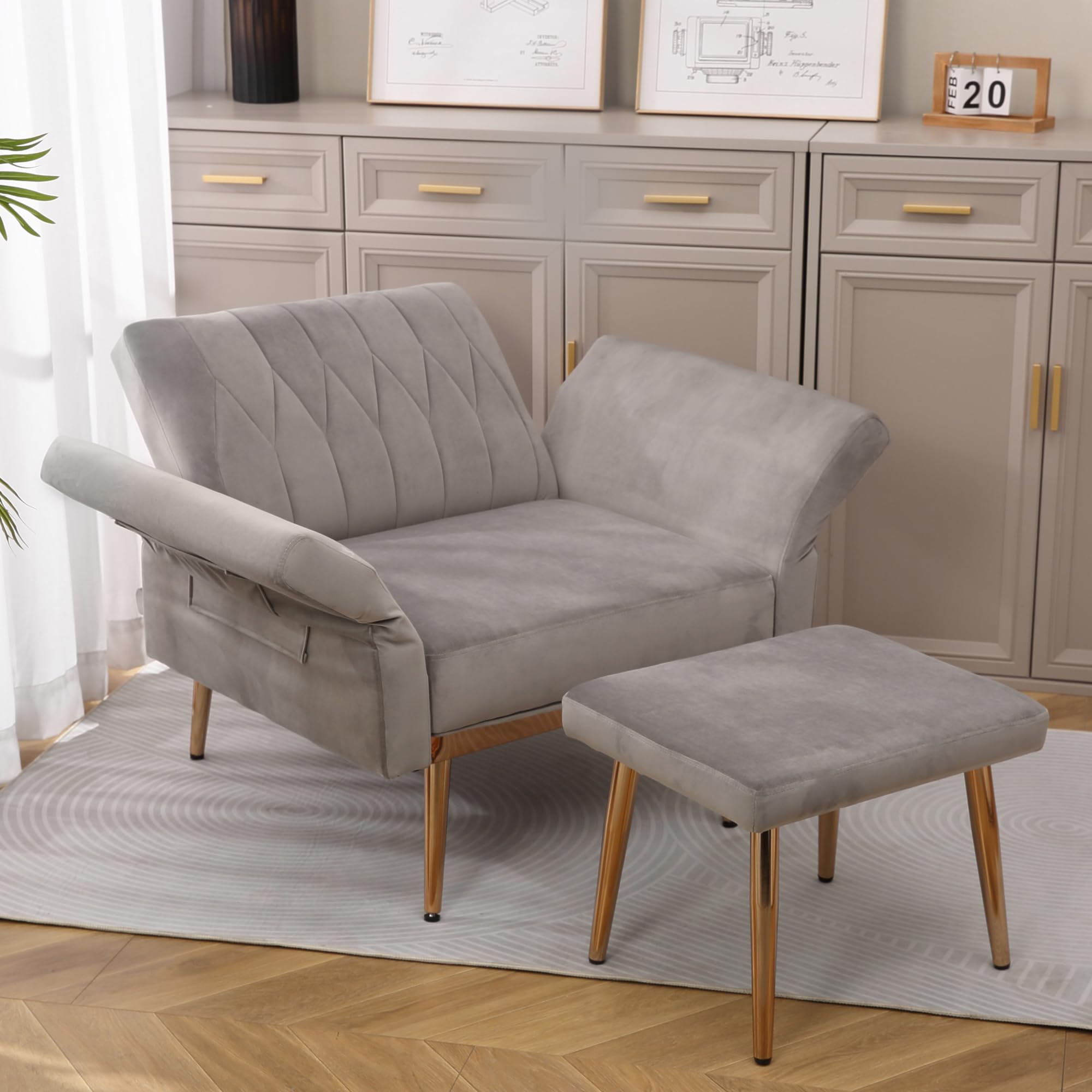 Modern Velvet Chaise Lounge Chair with 3 Reclining Positions - Convertible Recliner to Bed, Adjustable Futon Sofa Sleeper for Living Room, Bedroom, Apartment, Dorm & Office - Soft Grey Velvet Upholstery - Perfect for Lounging, Napping & Small Space Living