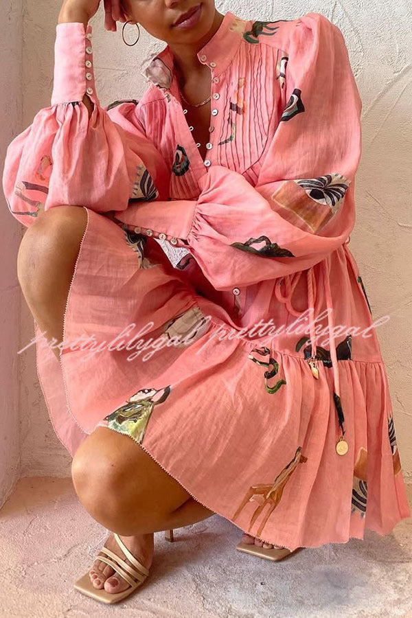 Unique Print Single Breasted Balloon Sleeve Tie Waist Ruffled Mini Dress - Elegant Party & Date Night Outfit for Women