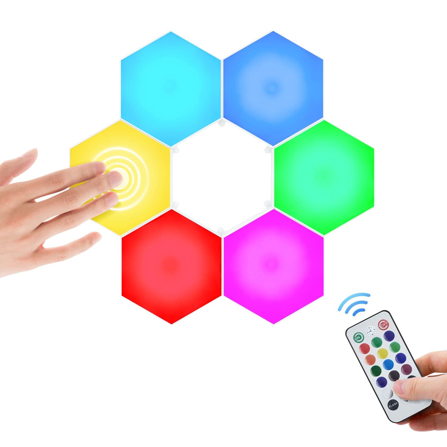 Mcbazel 6-Pack Hexagon RGB LED Panel Lights with Remote Control - Smart Wall Light for Gaming Setup, Home Bar, Party & Wall Decoration | Dimmable Mood Lighting for Bedroom, Living Room & Office