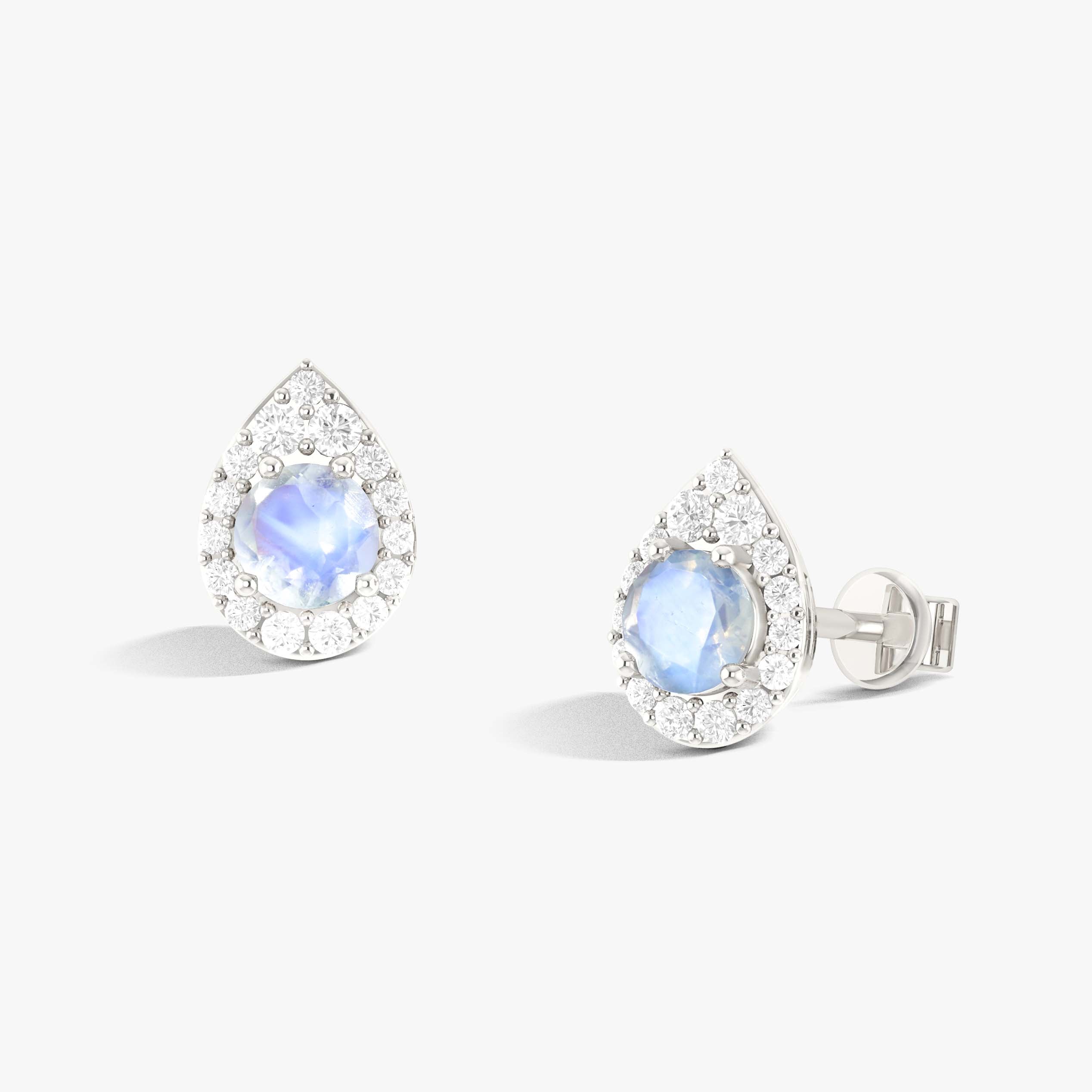 4MM Round Natural Moonstone Halo Stud Earrings with Push Back Closure - Elegant Dainty Jewelry for Women, Perfect for Everyday Wear, Weddings & Special Occasions