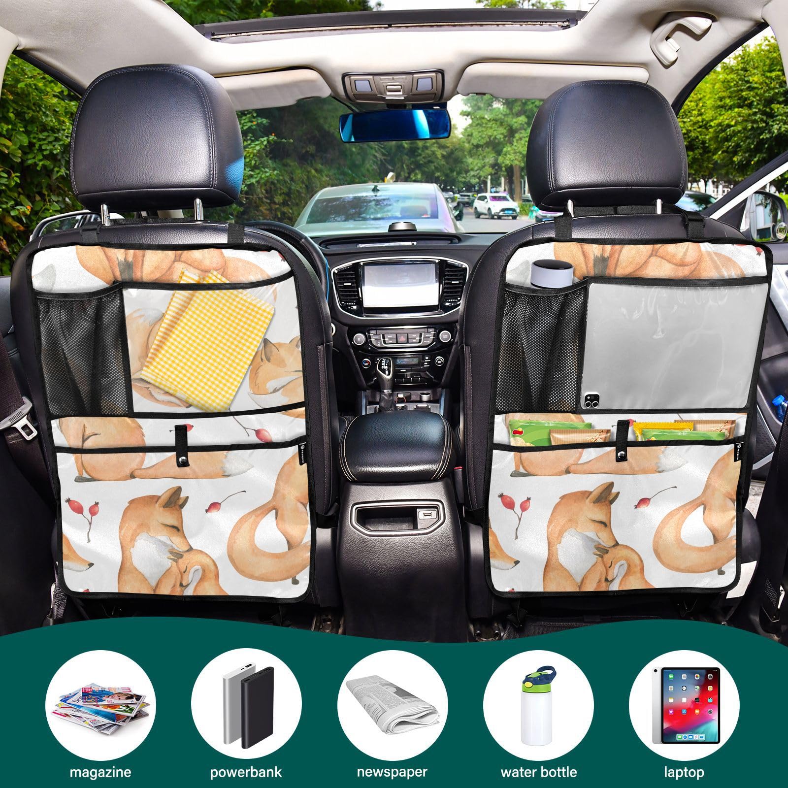 **Aflyko Cute Fox & Red Leaf Car Seat Back Organizer with Pockets - Kick Mat & Backseat Protector for Travel, 1 Pack - Perfect for Road Trips & Family Car Rides**