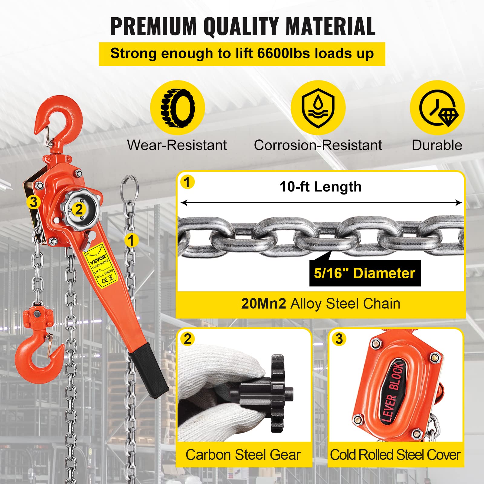 Happybuy 6600 lbs Manual Lever Chain Hoist - 3 Ton Capacity, 10ft Chain, 5/16