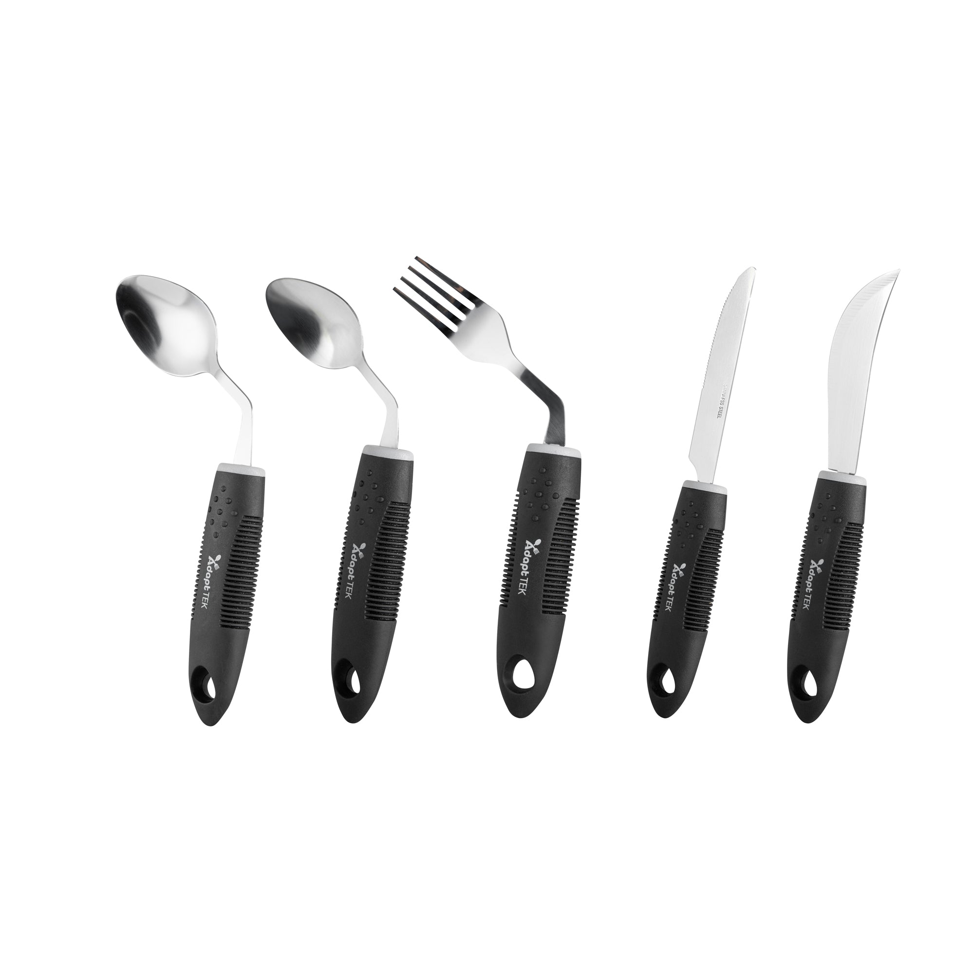 Adapt Tek Black Stainless Steel 5-Piece Adaptive Offset Utensil Set for Right-Handed Users - Lightweight, Non-Slip Grip (1 Count) - Ideal for Arthritis & Limited Mobility in Kitchen