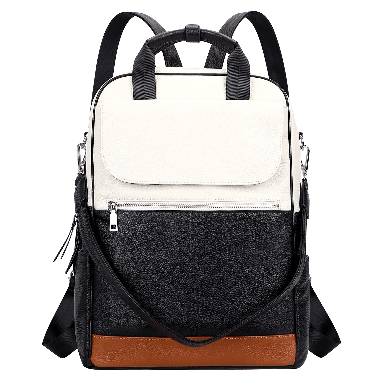 ALTOSY Genuine Leather Women's Backpack Purse - Convertible Shoulder Bag & Laptop Backpack for 14 Inch Devices (S110 Black/Beige) - Perfect for Work, Travel & College