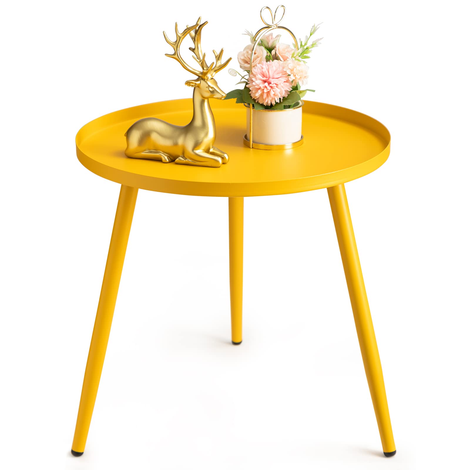 Round Metal Side Table with 3 Legs - Small Circle End Table for Living Room, Bedroom & Outdoor Spaces - Yellow Accent Table for Compact Areas & Patio Decor