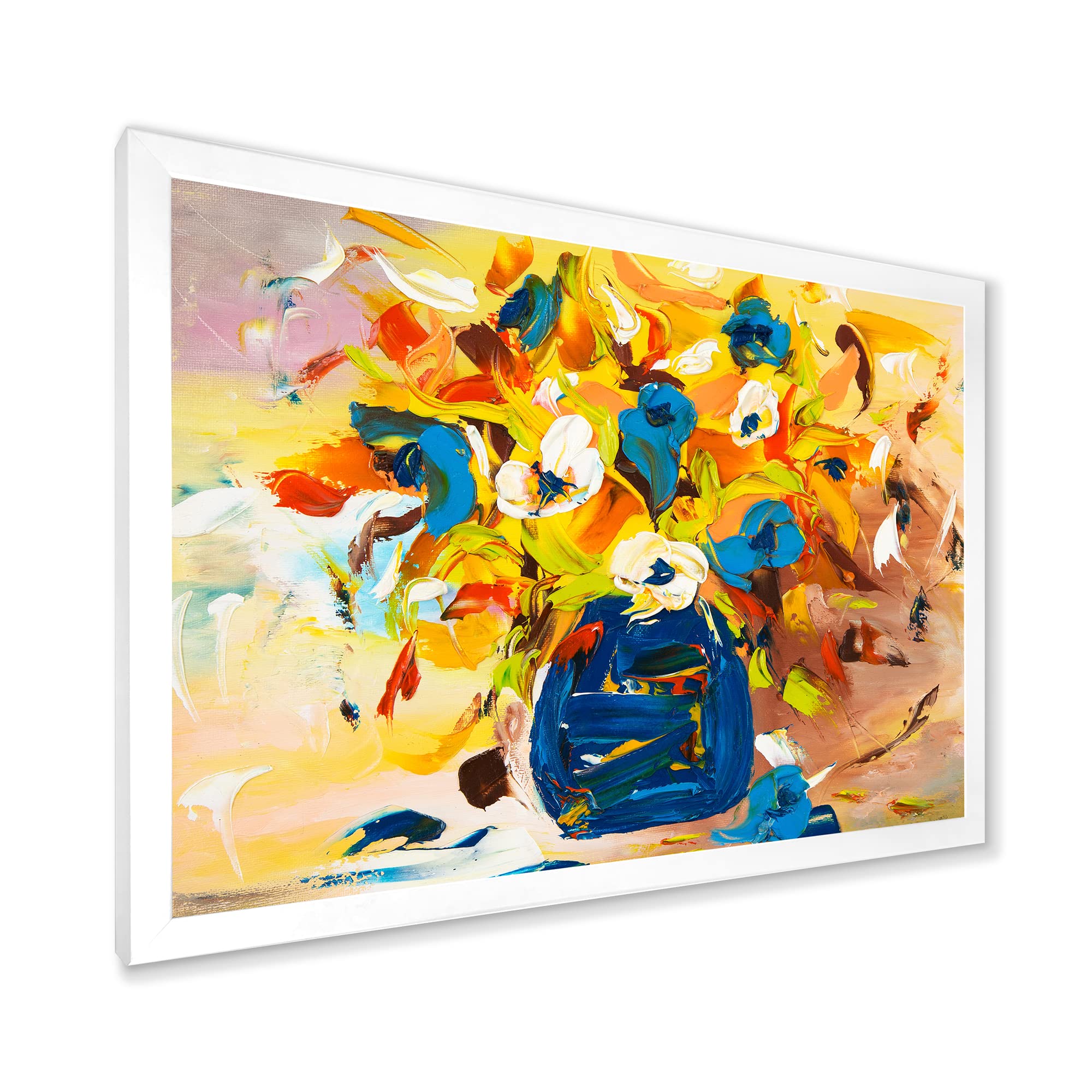 DesignQ Vibrant Yellow and Blue Flower Bouquet Framed Wall Art - Perfect for Living Room, Bedroom & Office Decor