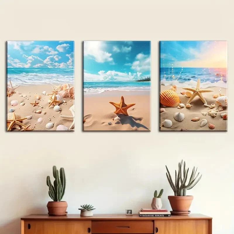 3-Piece Vibrant Ocean, Seashells & Starfish Metal Wall Art - Ready to Hang Coastal Decor for Beach House, Bathroom & Living Room