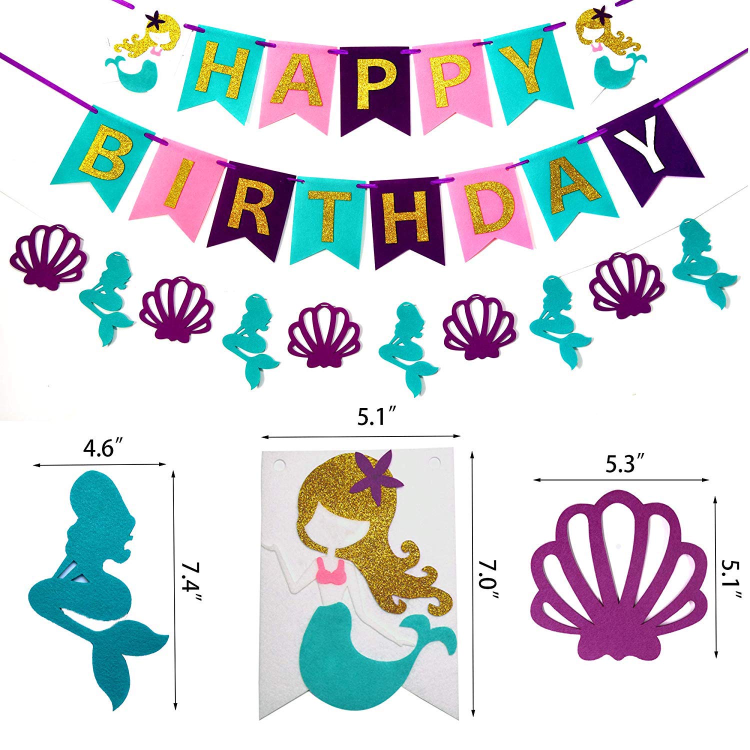 Mermaid Birthday Party Decorations Kit - Seashell Banner, Balloons, Paper Pompom Flowers & Hanging Swirls - Happy Birthday Banner for Girls & Women - Perfect for Underwater Themed Parties, Baby Showers & Princess Celebrations