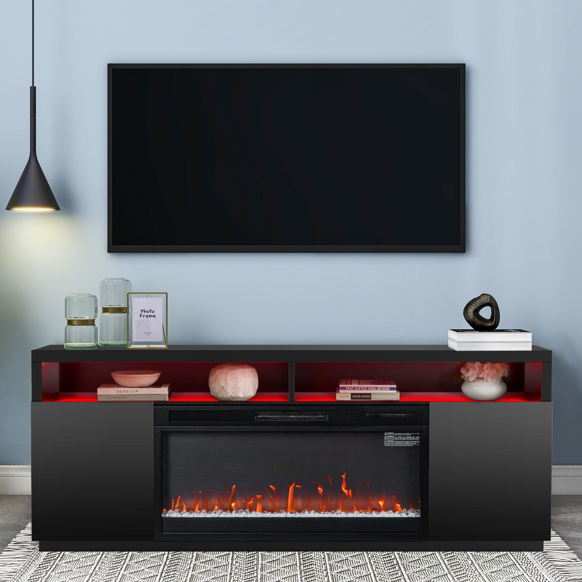 Modern 68-Inch LED TV Stand with 36-Inch Insert Opening & Electric Fireplace - Black or White - Perfect for Living Room Home Theater & Cozy Winter Nights