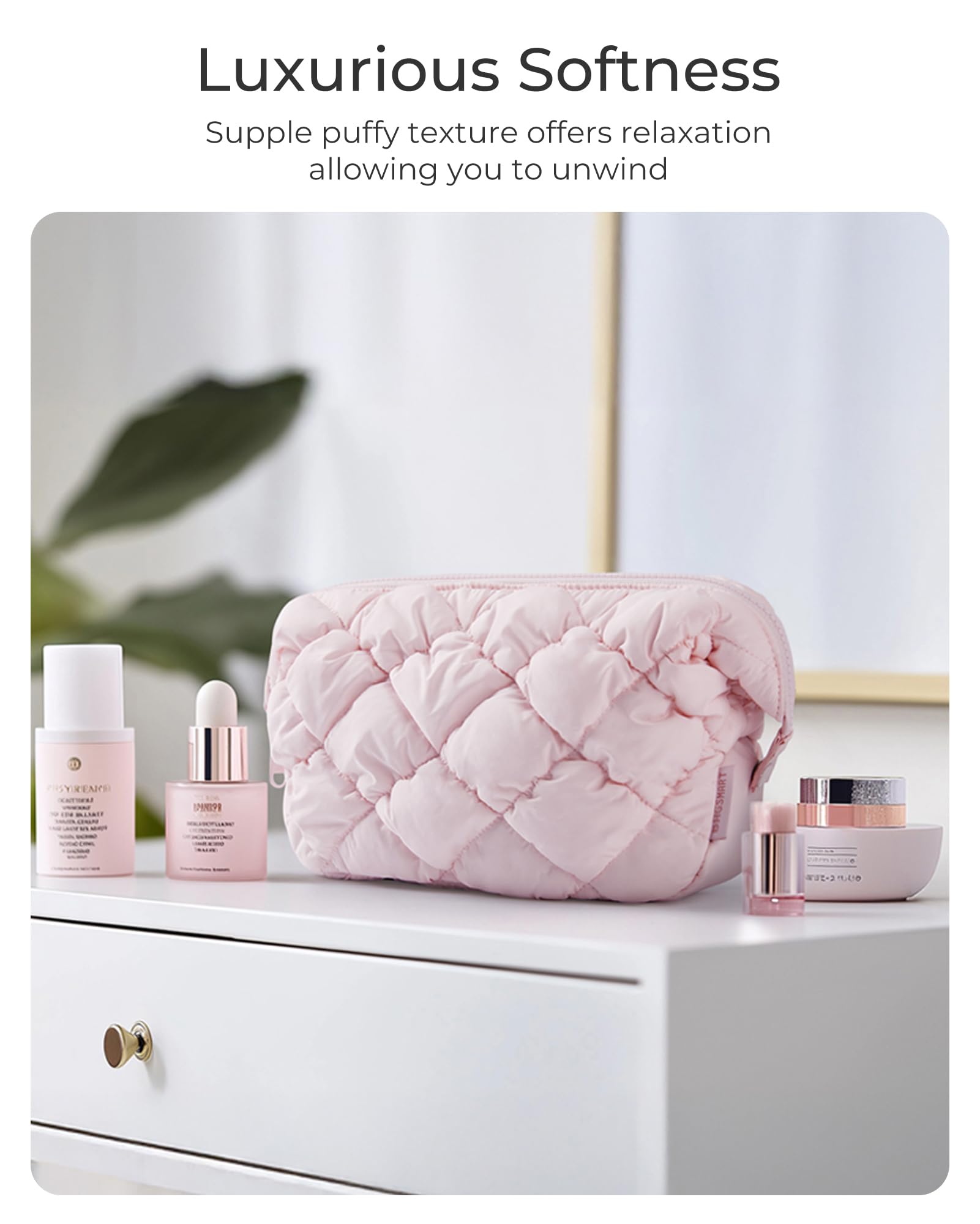 BAGSMART Quilted Travel Makeup Bag for Women - Puffy Toiletry Organizer with Wide Opening, Cosmetic Storage Case - Perfect for Travel, Gym, and Daily Essentials (Black)