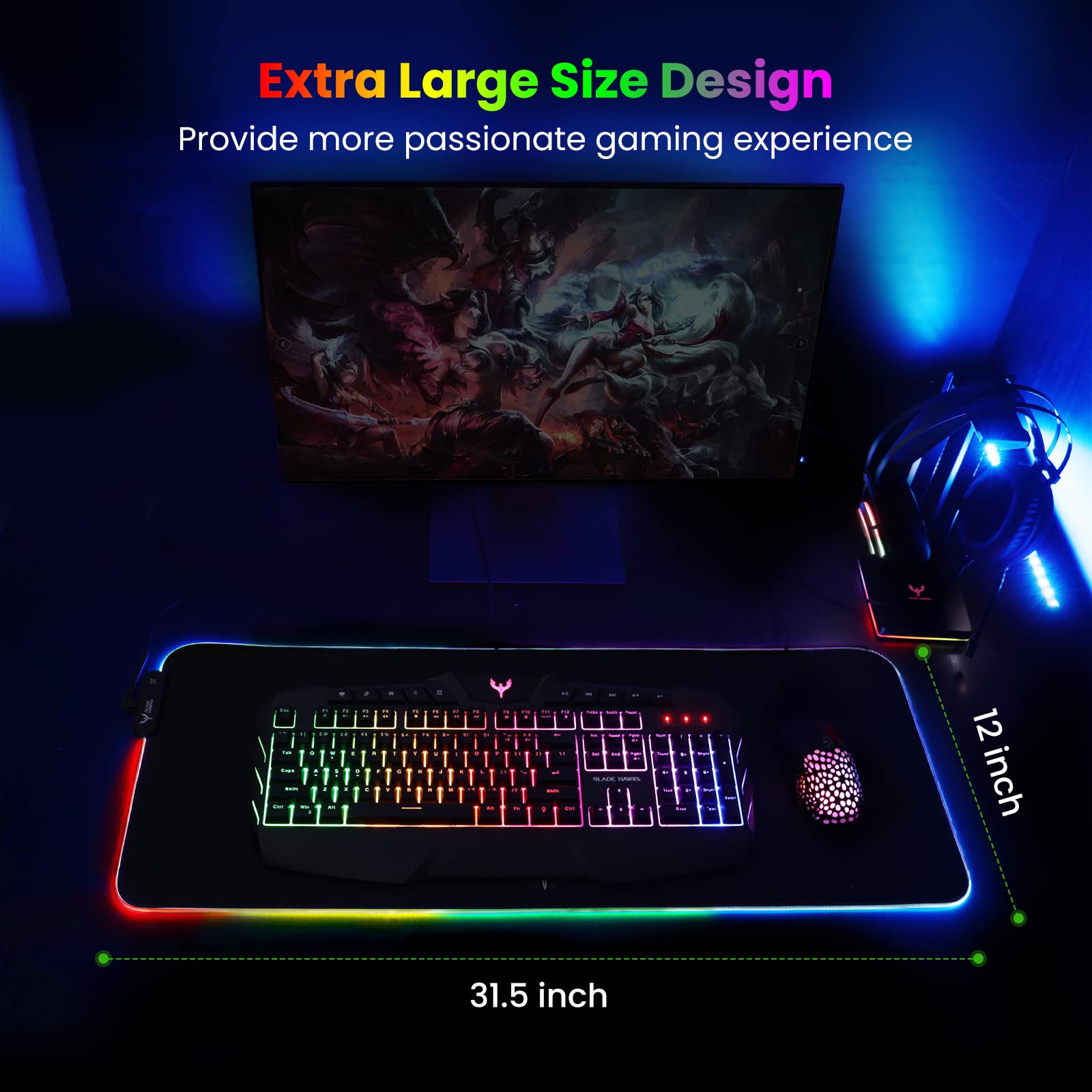 Blade Hawks Extra Large RGB Gaming Mouse Pad - 31.5 x 12 Inch LED Mouse Mat with Anti-Slip Rubber Base | Waterproof Extended Keyboard Mousepad for PC, Laptop, Office & Gaming Setup | Perfect for Esports, Work & Home Computer Use