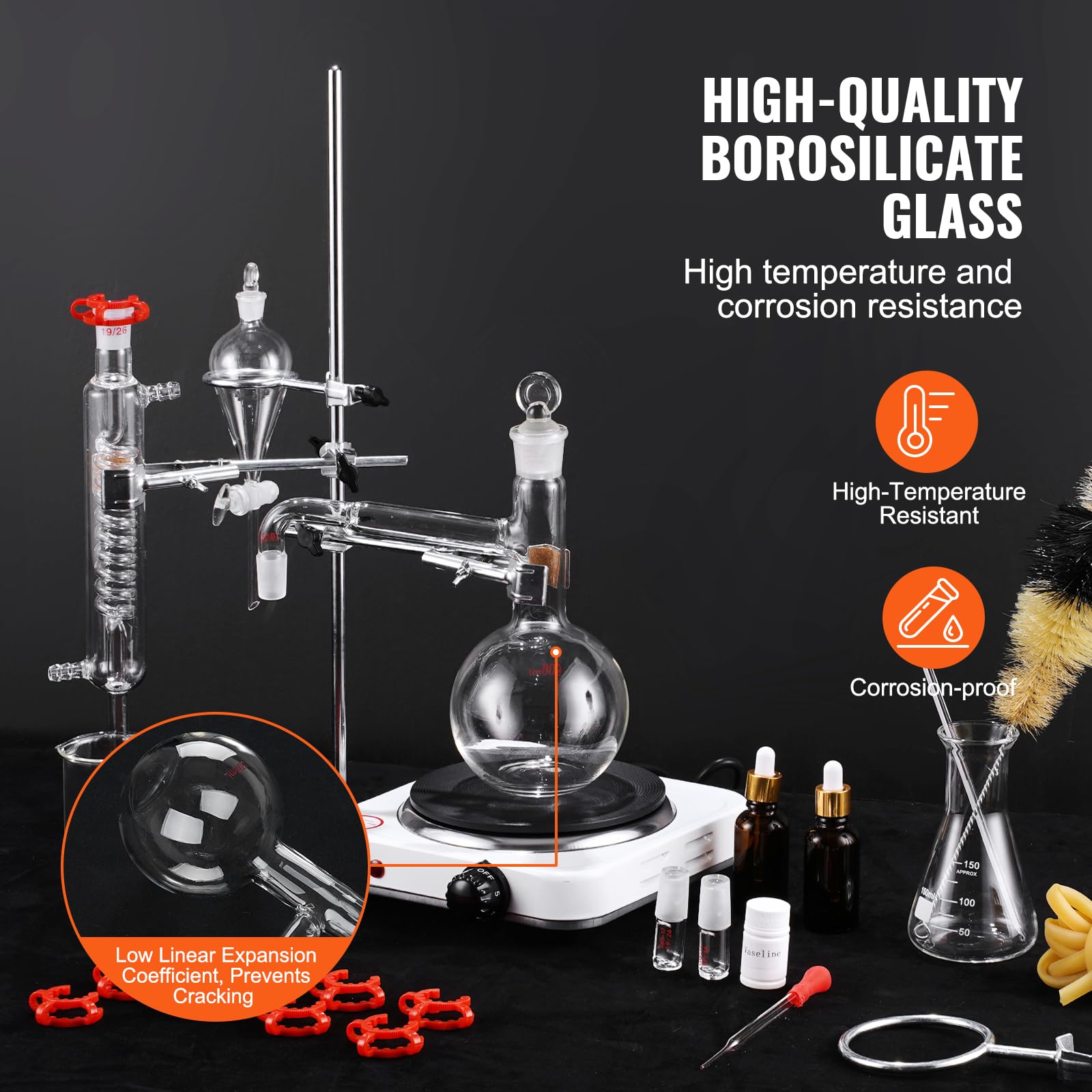 VEVOR 500ml Essential Oil Distillation Kit - 3.3 Boro Lab Glassware Set with 1000W Heating Plate & 24/40 Joint (33pcs) for Aromatherapy, Herbal Extracts & DIY Essential Oils at Home
