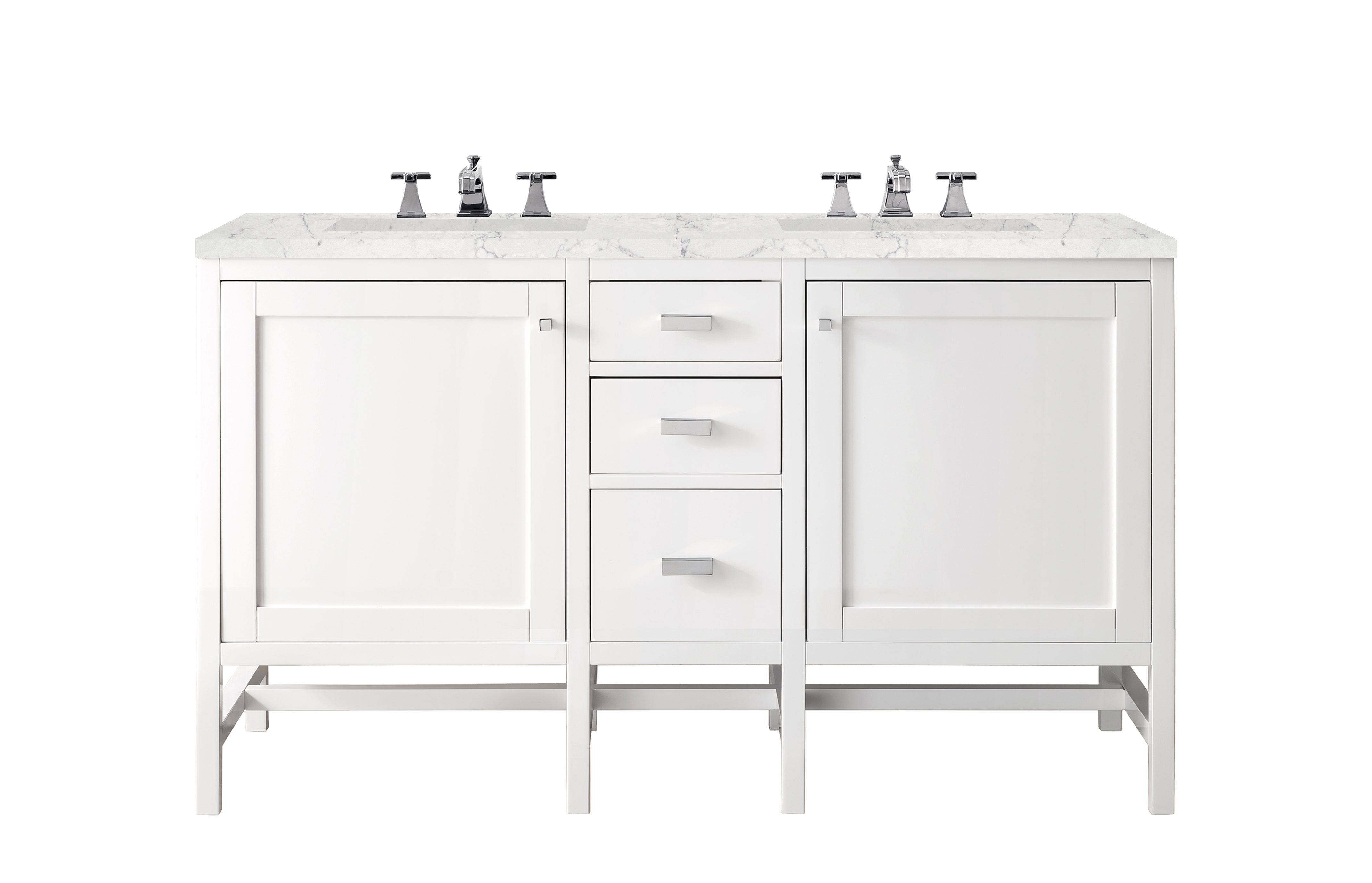 Addison 60 Inch Double Vanity Cabinet with Quartz Countertop - Glossy White Bathroom Vanity with 3CM Eternal Jasmine Pearl Quartz Top - Perfect for Master Bathroom & Guest Bathroom Renovation