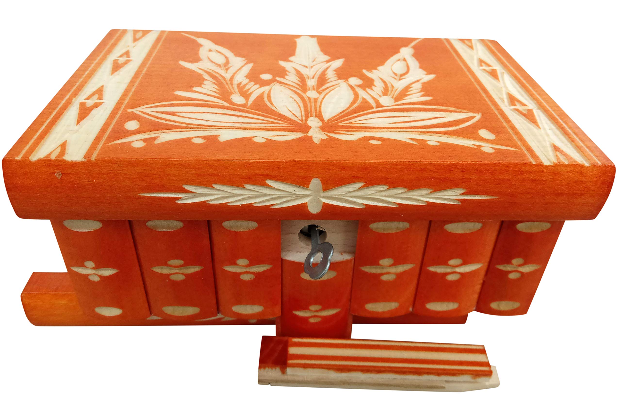 Handmade Wooden Jewelry Box with Hidden Key & Secret Compartments - Classic Carved Design for Necklaces, Rings & Valuables - Perfect for Gifts, Travel & Home Storage (Orange)