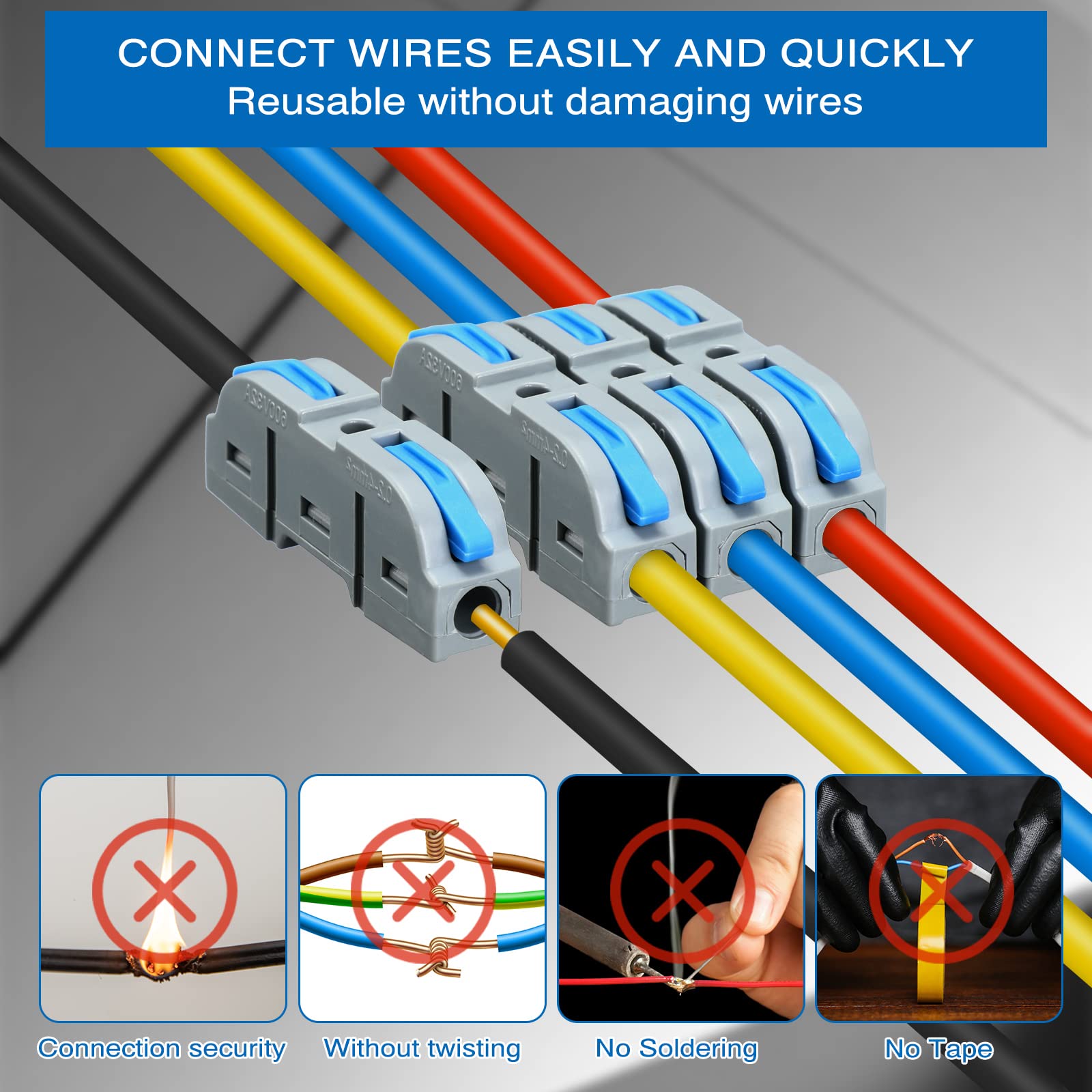 Zhengmy 50 Pcs Lever Wire Connectors - Compact Single Wire Connector Assortment for 28-12 AWG (Gray, Blue) - Ideal for Home Electrical Wiring, DIY Projects, and Automotive Repairs
