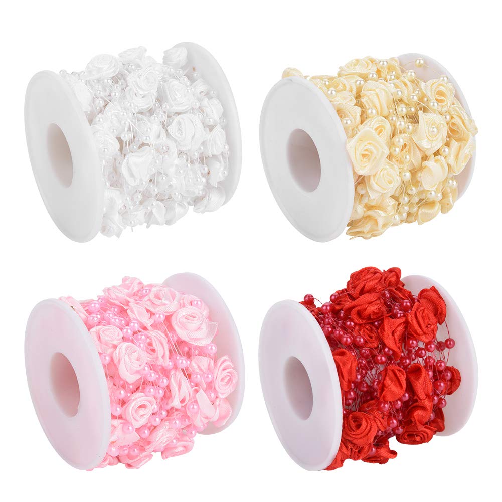 32.8ft Artificial Rose Pearl Beaded Ribbon - Red Floral Wire Beads Fabric Trim for DIY Wedding Decorations, Gift Wrapping, Hair Accessories & Home Crafting