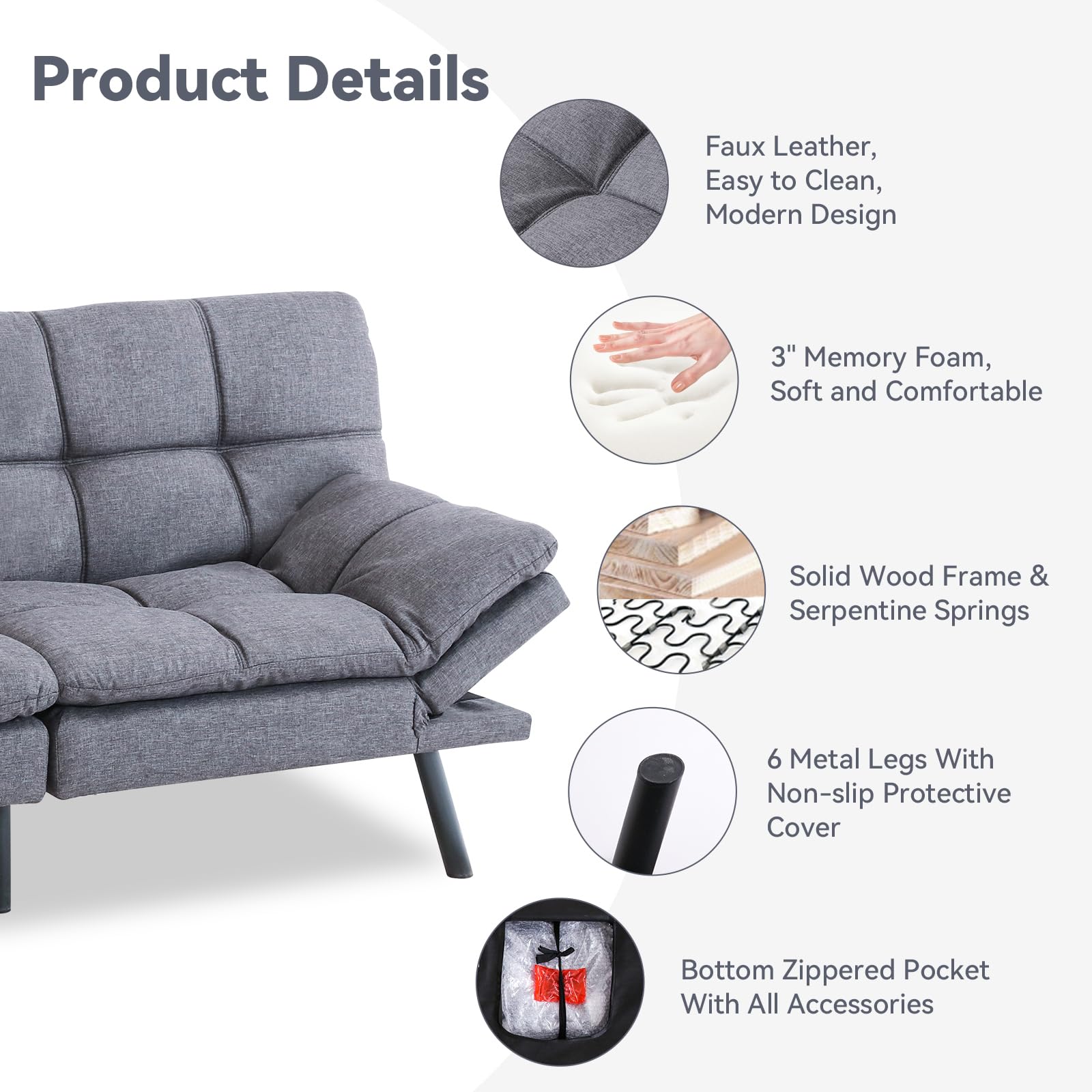 Hcore Convertible Futon Sofa Bed with Memory Foam - Modern Splitback Loveseat Sleeper for Living Room, Office & Apartment - Classic Grey Polyester Fabric | Perfect for Small Spaces, Guest Rooms & Studio Apartments