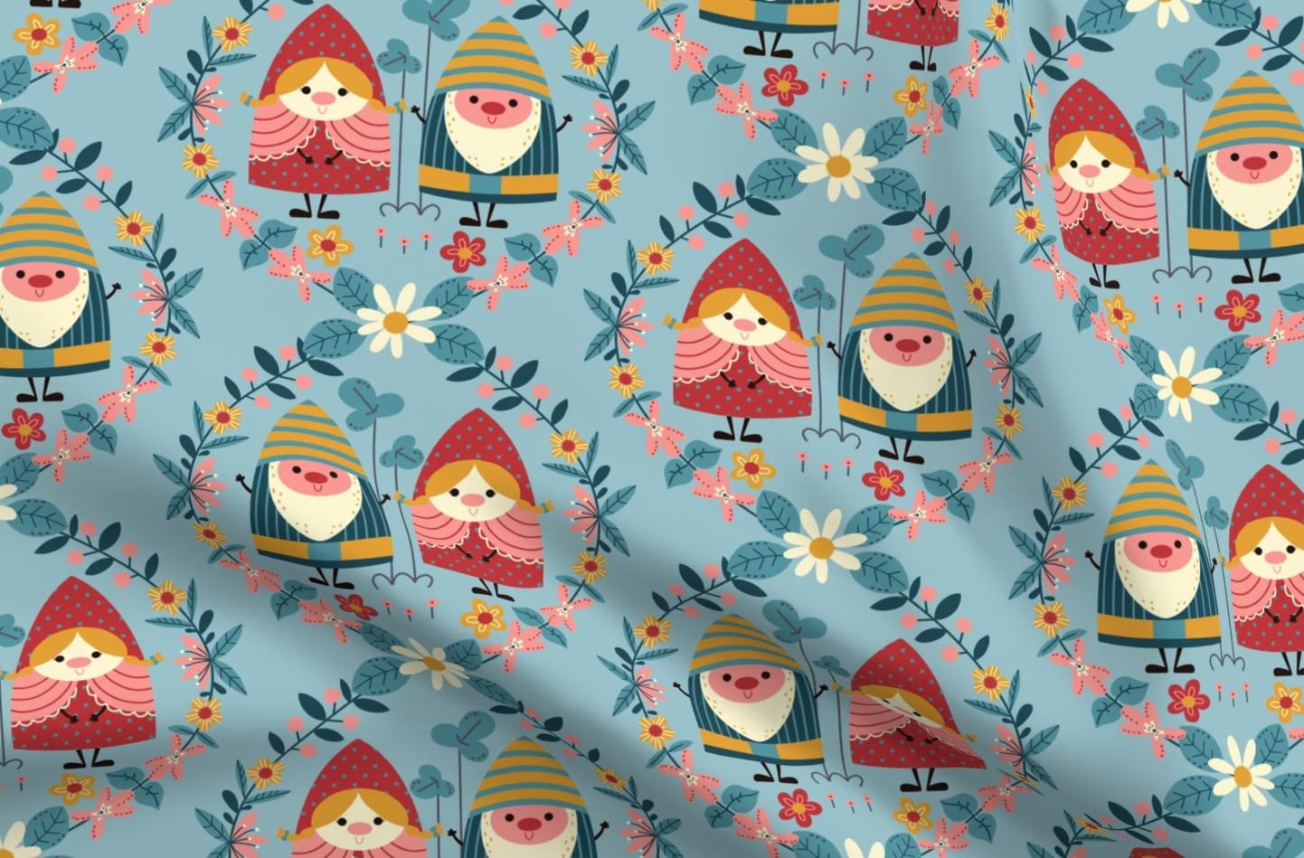 Gnomes Garden Bloom Teal Fantasy Spring Blossom Printed Cotton Fabric - Fat Quarter for Sewing, Quilting, Apparel & Home Decor | Perfect for DIY Crafts, Pillows & Spring-Themed Projects