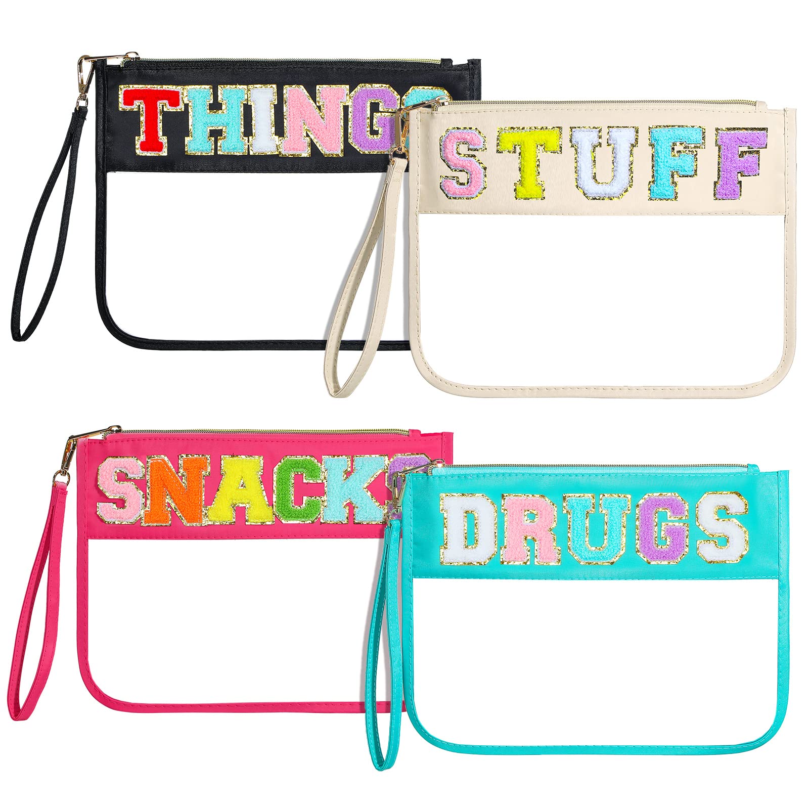 Buryeah 4-Pack Chenille Letter Pouch - Waterproof Nylon Clear Zipper Bags for Snacks, Makeup & Toiletries | Travel Cosmetic Organizer for Women | Cute Style | Perfect for Travel, Gym & Daily Storage