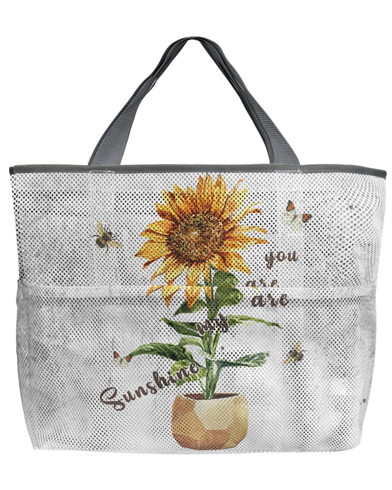 Sunflower Bees Mesh Beach Tote Bag - 60L Oversized Quick Dry Swim Bag with Pockets | Foldable Lightweight for Beach, Pool, Grocery Shopping | 24