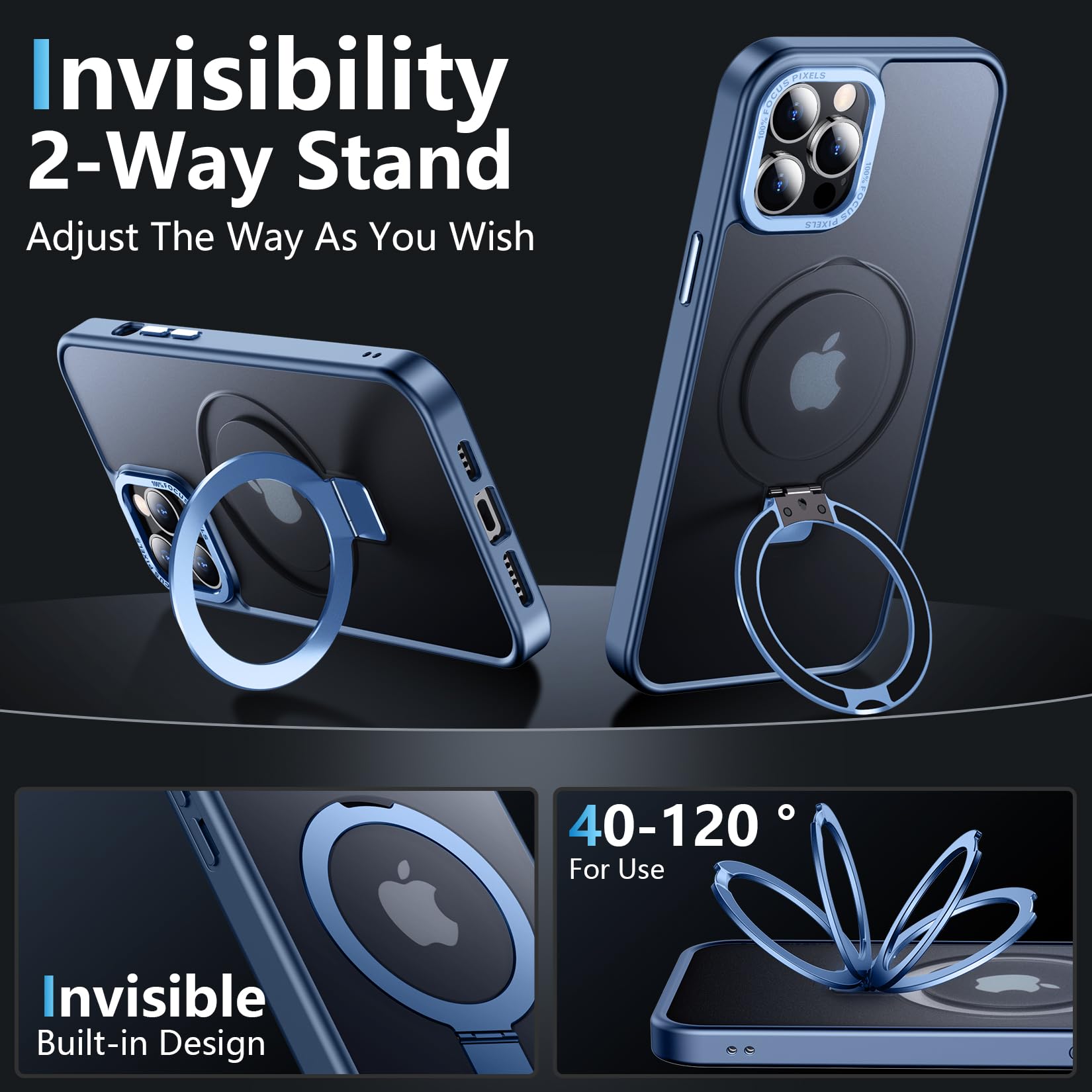 Magnetic iPhone 12 Pro Max Case with Invisible Stand - MagSafe Compatible, Shockproof Translucent Matte Cover (6.7 inch) + 2 Pack Tempered Glass Screen Protectors - Perfect for Work, Travel & Wireless Charging - Blue